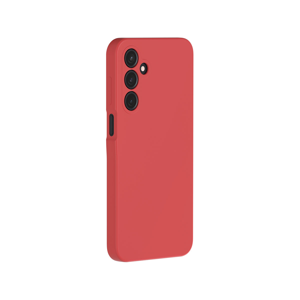 Una custodia per telefono rossa con tre lenti della fotocamera. La custodia ha una finitura liscia e opaca.