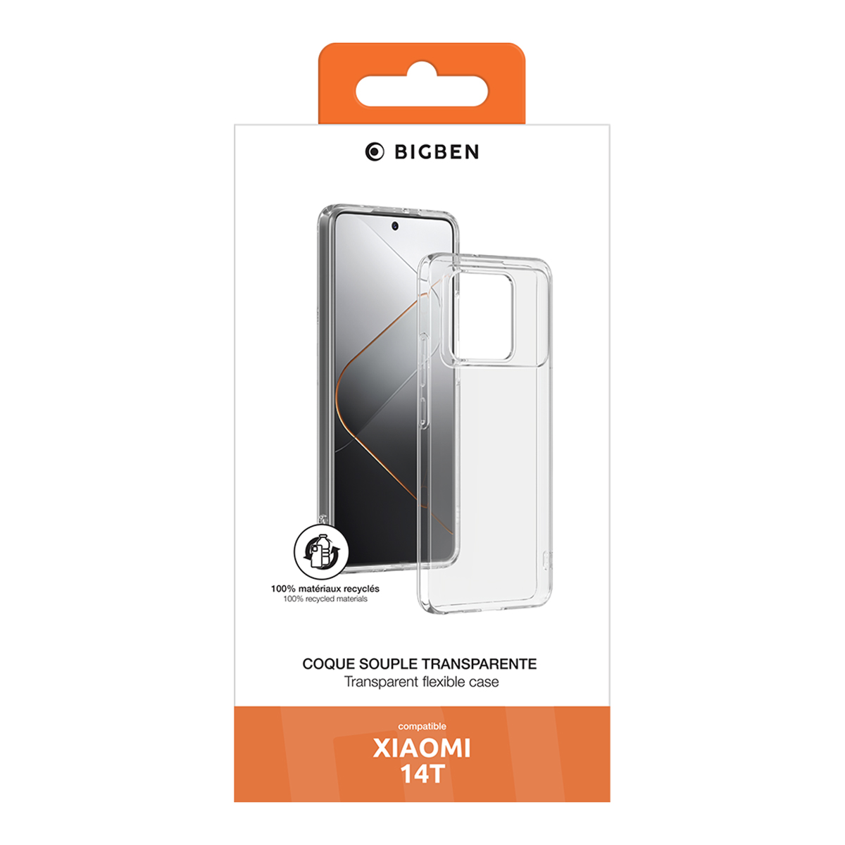 Confezione custodia per telefono con custodia trasparente e contorno telefono. Visibile il marchio "BIGBEN". Sfondo bianco.