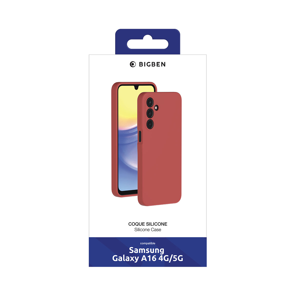 Confezione della custodia del telefono, custodia rossa mostrata, con testo: Custodia in silicone, Samsung Galaxy.