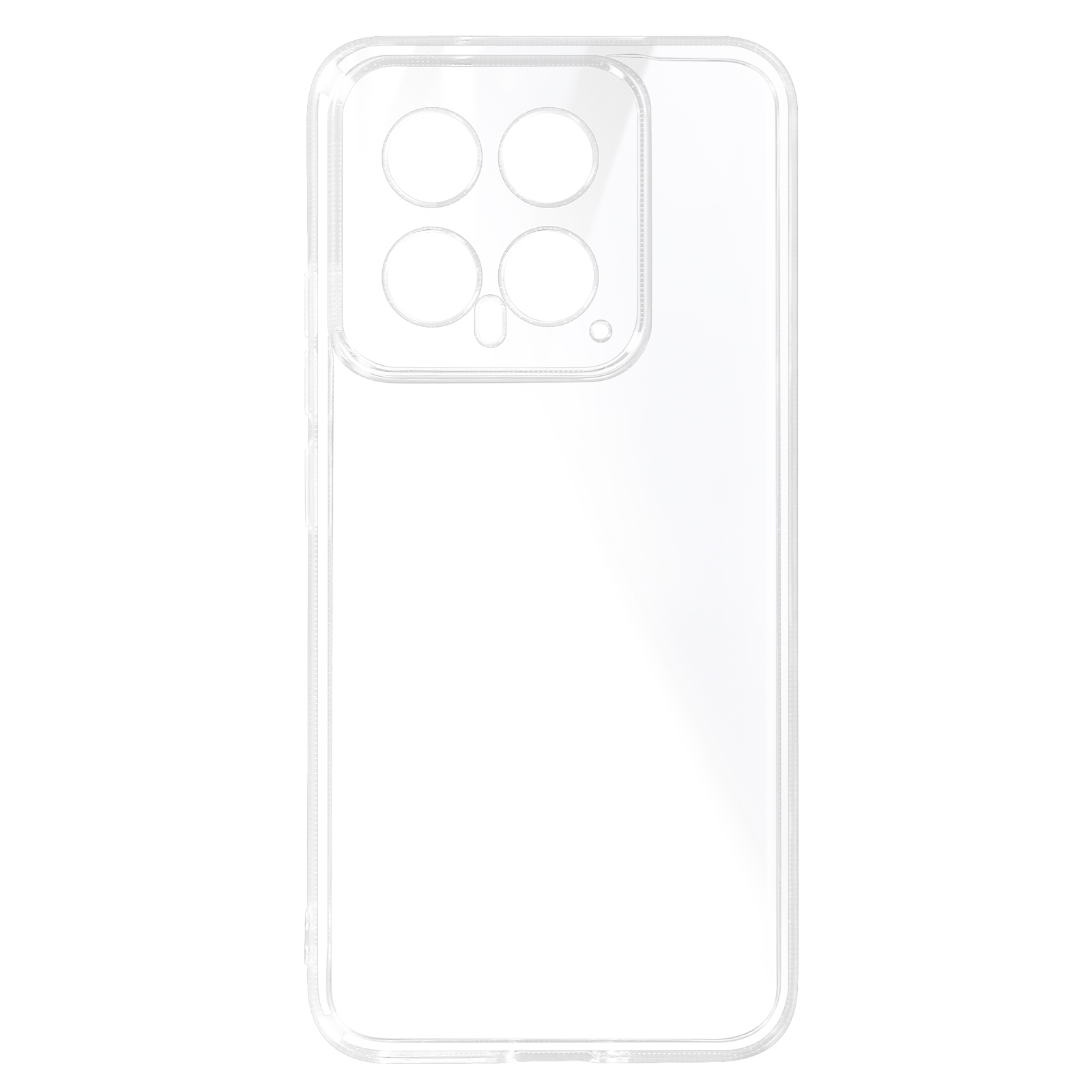 Custodia trasparente per telefono, che mostra il retro. Sono visibili i contorni dell'array di fotocamere e della forma del telefono.