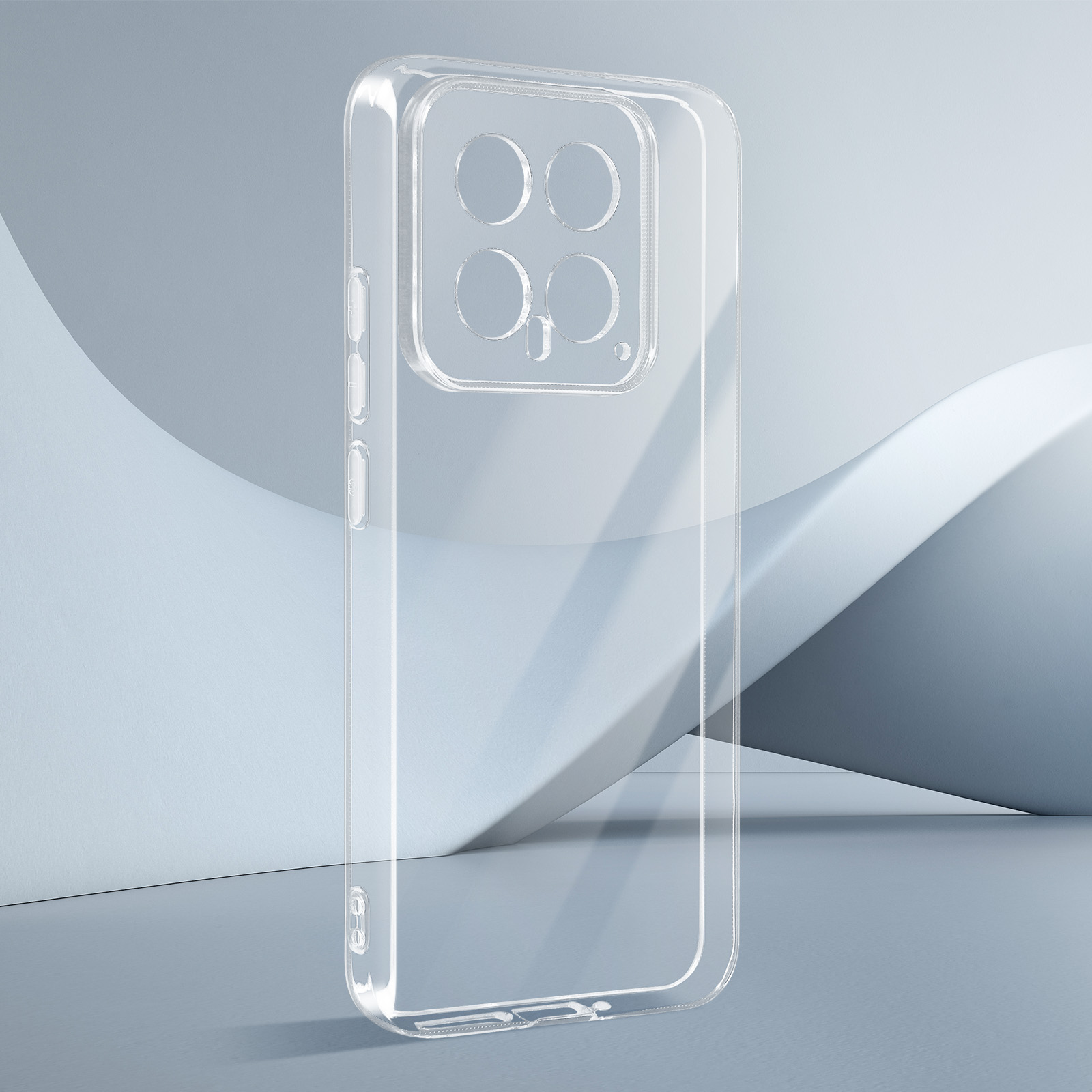 Custodia trasparente. La custodia ha un design per il modulo fotocamera. Lo sfondo è blu e grigio.