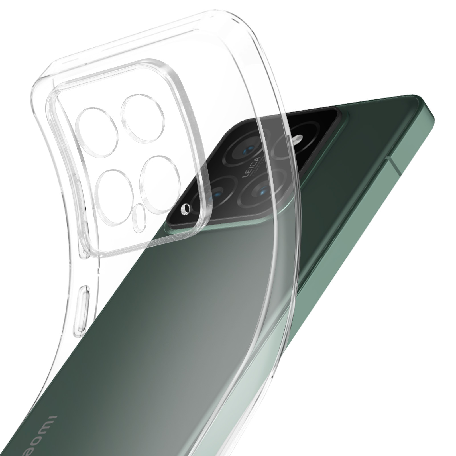 Telefono con retro verde e custodia trasparente. La custodia copre parzialmente il telefono.