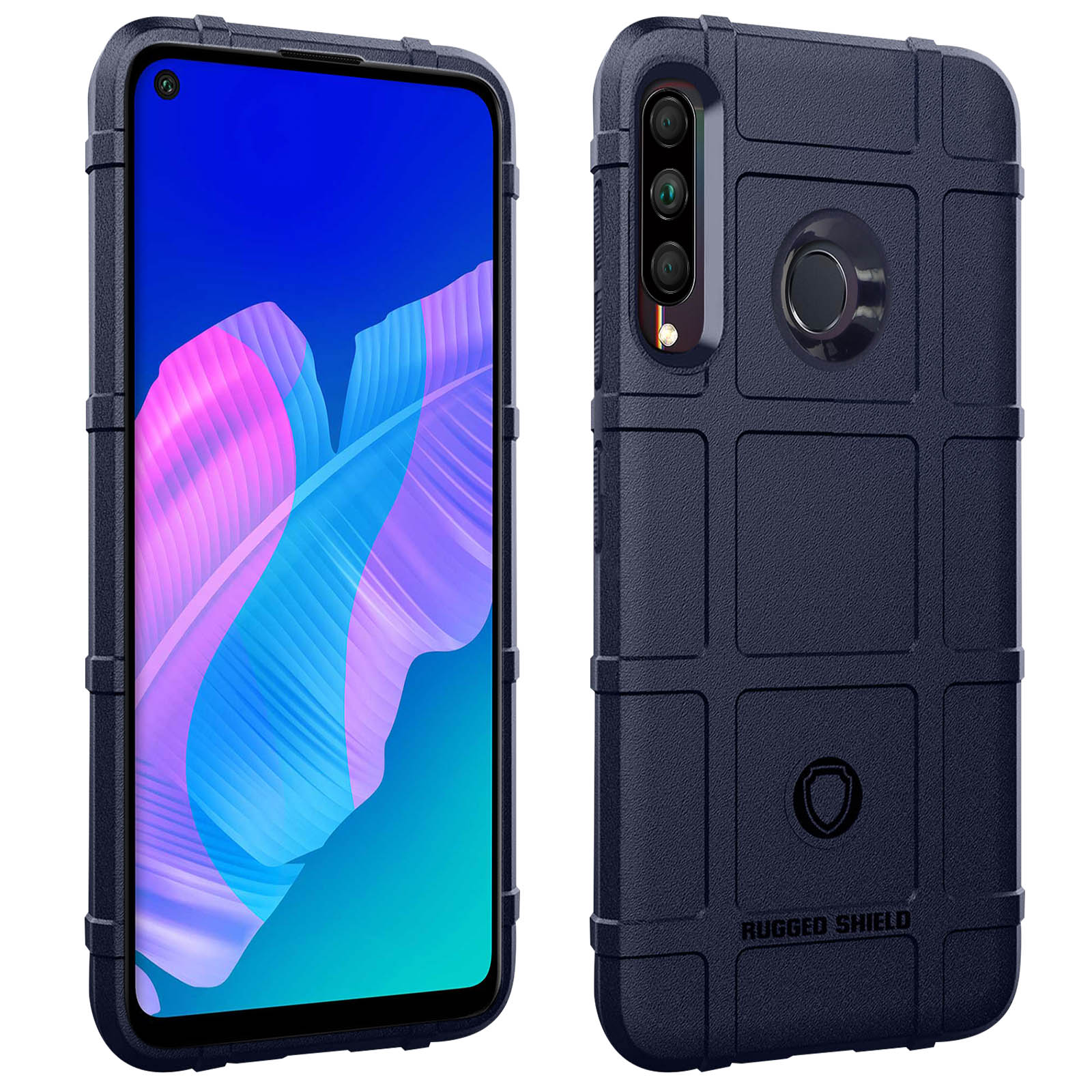 Telefono blu scuro con una custodia blu navy robusta. La custodia ha un design strutturato e copre il telefono.