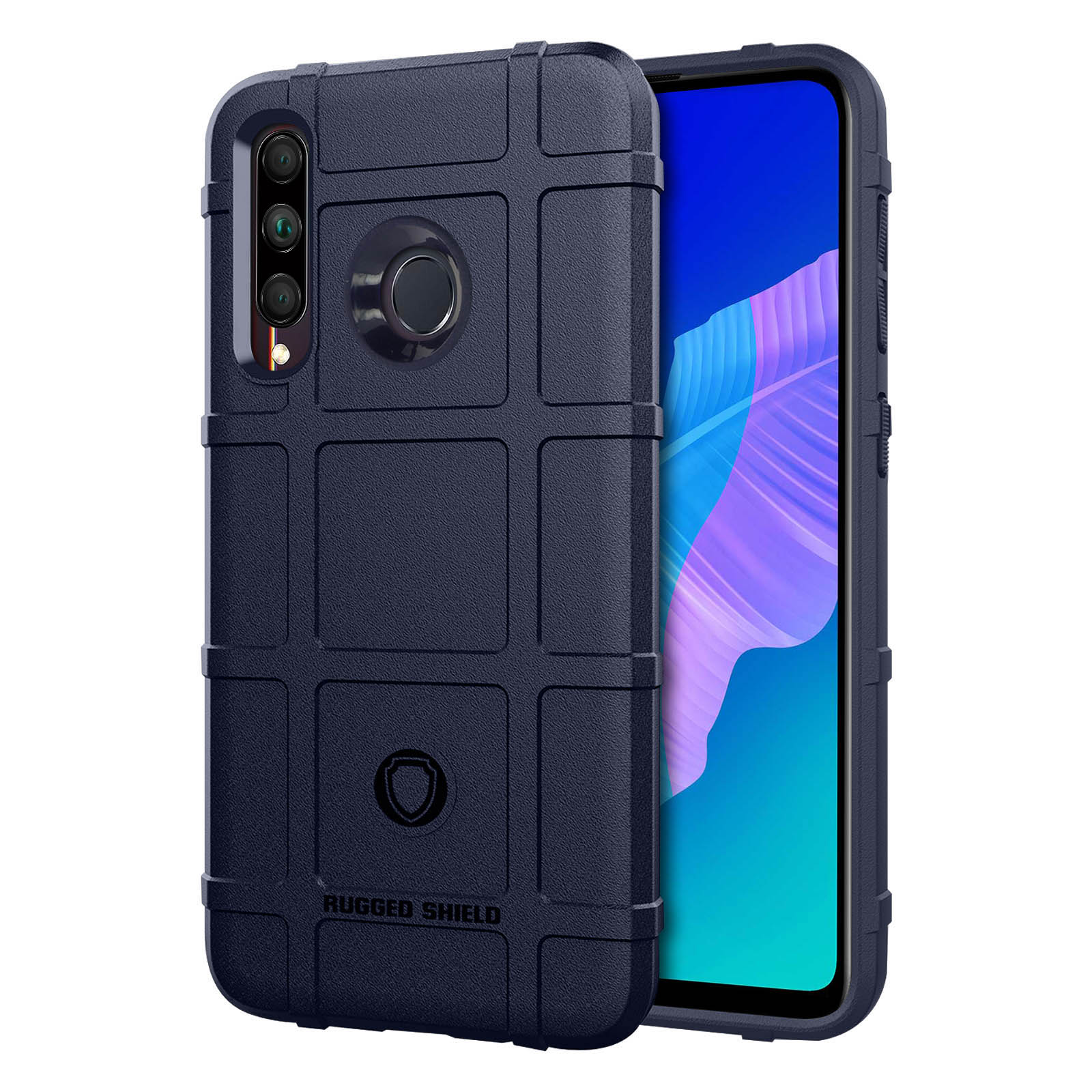 Custodia blu navy con design robusto. Il telefono ha una fotocamera e un flash.