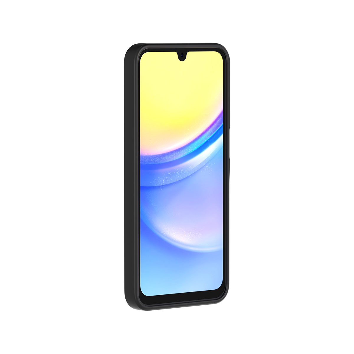 Telefono in una custodia nera, schermo giallo e blu. Sfondo bianco.