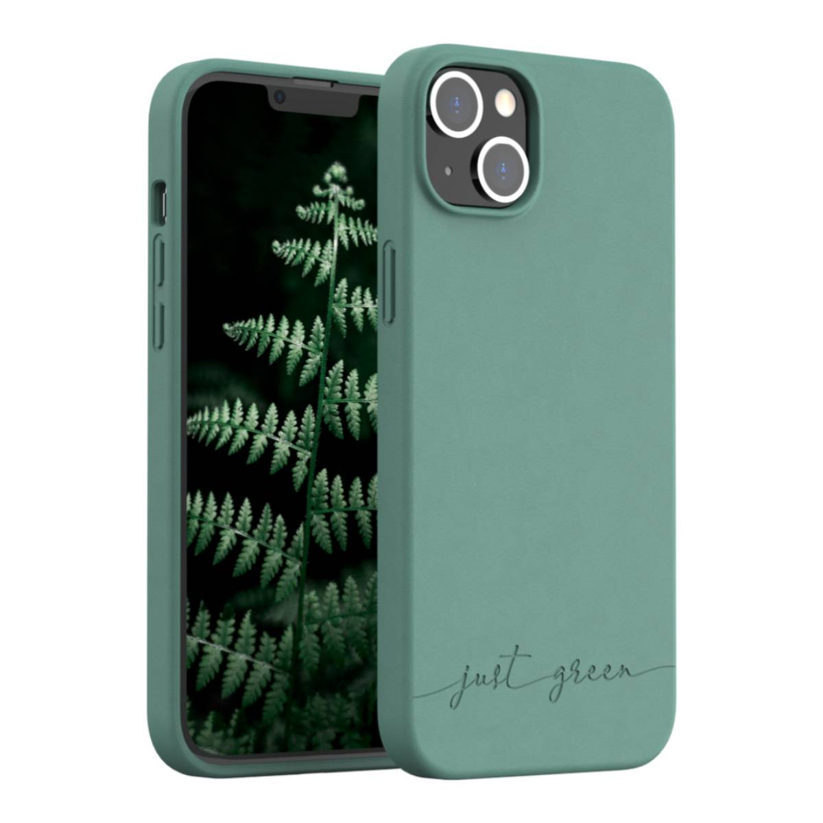 Custodia verde per telefono con design a felce. Il telefono è inserito e la custodia dice 'just green'.