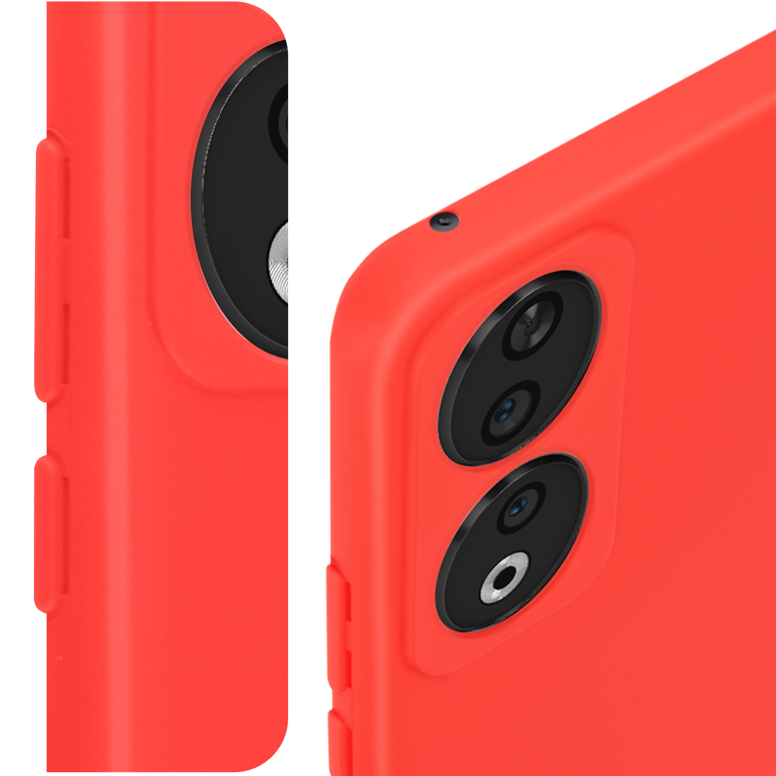 Primo piano di una custodia rossa per telefono, che mostra l'area della fotocamera. Il telefono ha due fotocamere.