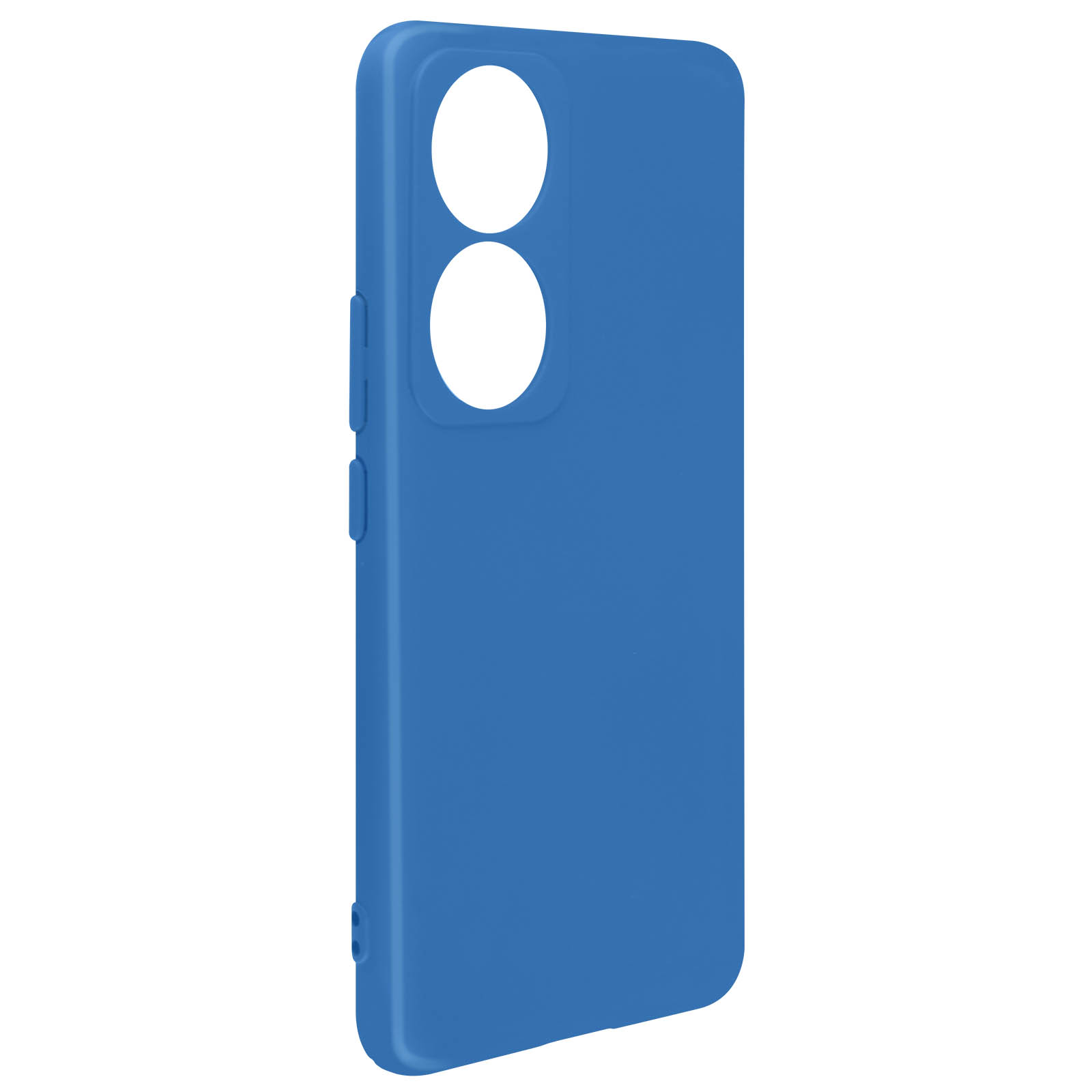 Una custodia blu per telefono con ritagli per fotocamera. La custodia è angolata, mostrando i pulsanti laterali.