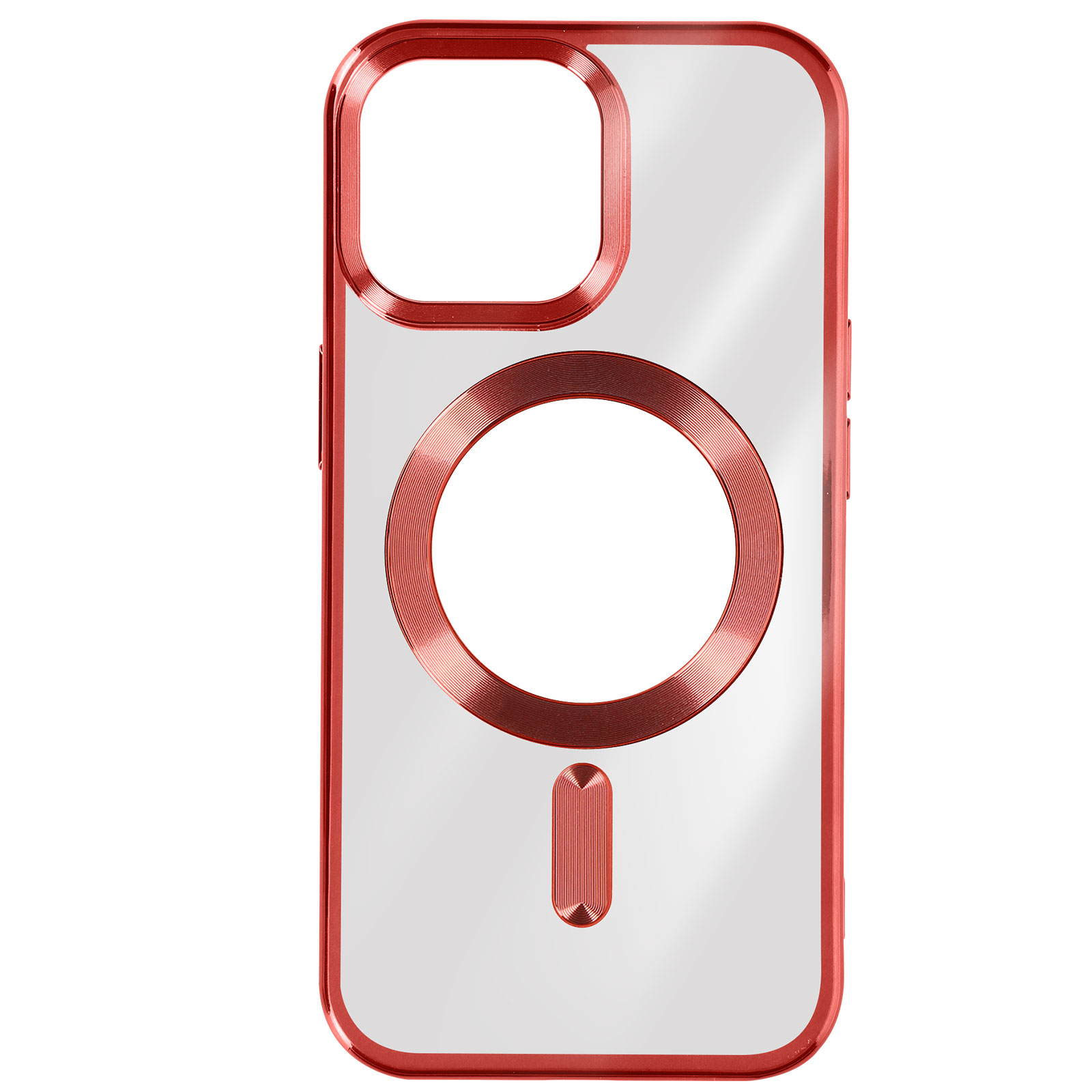 Custodia per telefono con bordi rossi e retro trasparente. Design circolare e verticale.