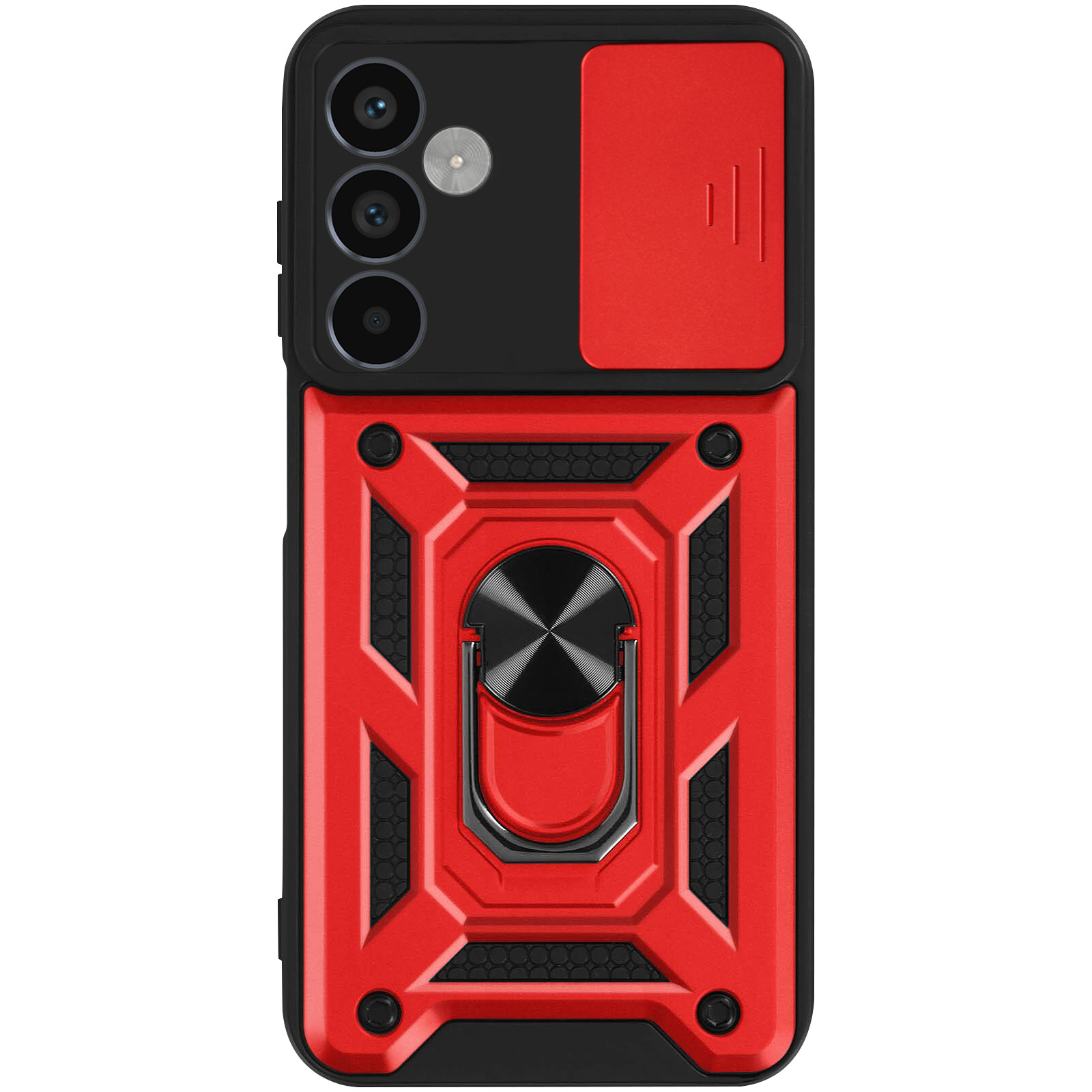 Funda roja y negra para teléfono. Tiene un soporte de anillo y una cubierta de cámara.