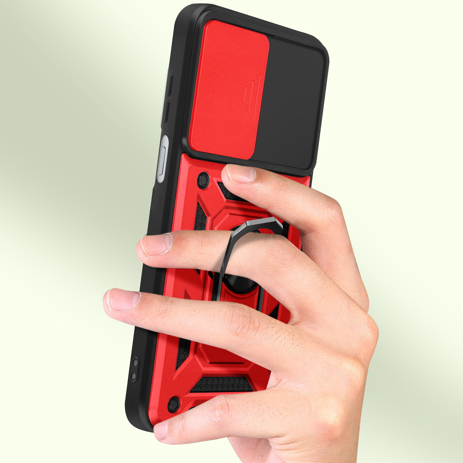 Mano sosteniendo una funda roja y negra con tapa deslizante para cámara.