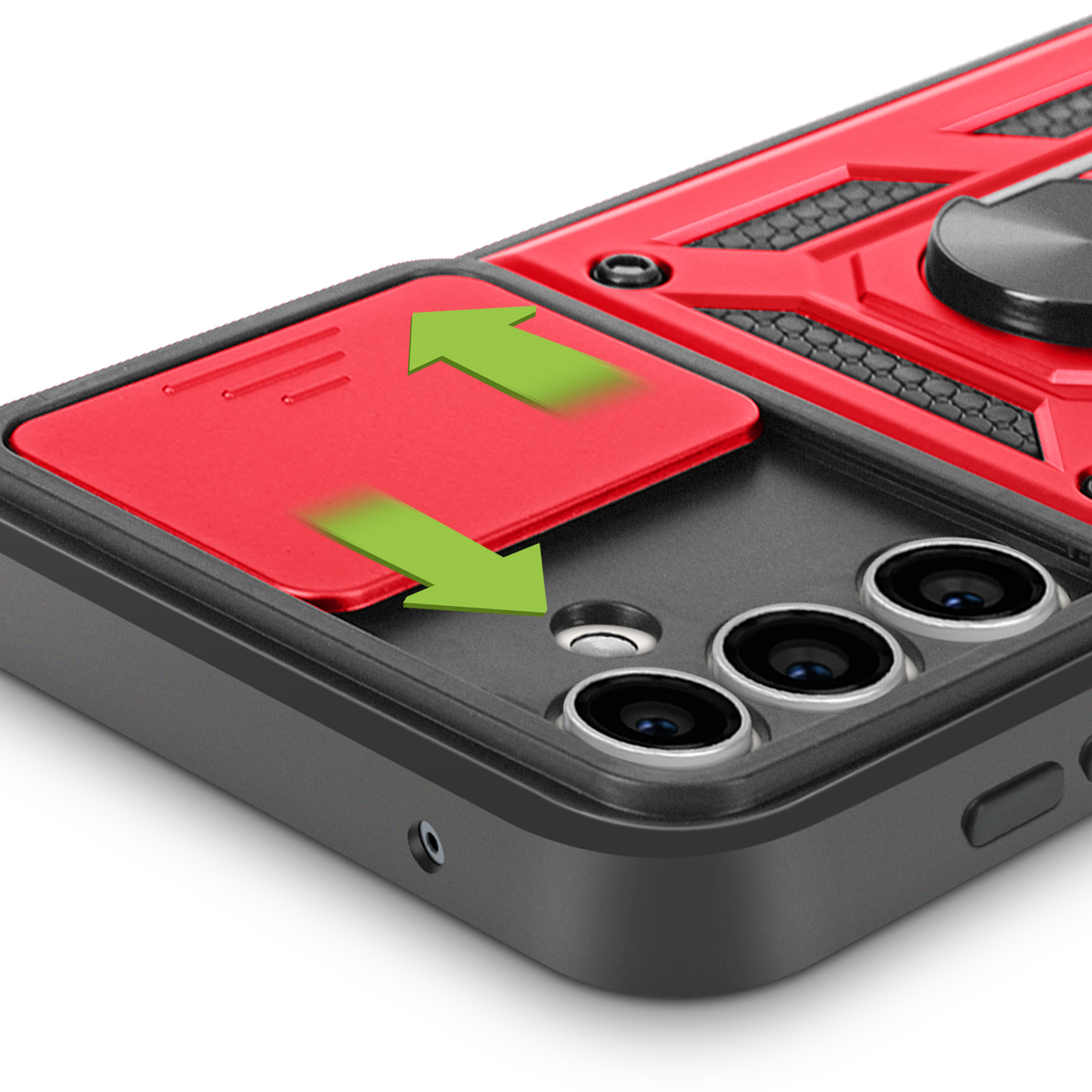 Funda de teléfono con cubierta deslizante roja. Flechas indican abrir y cerrar.