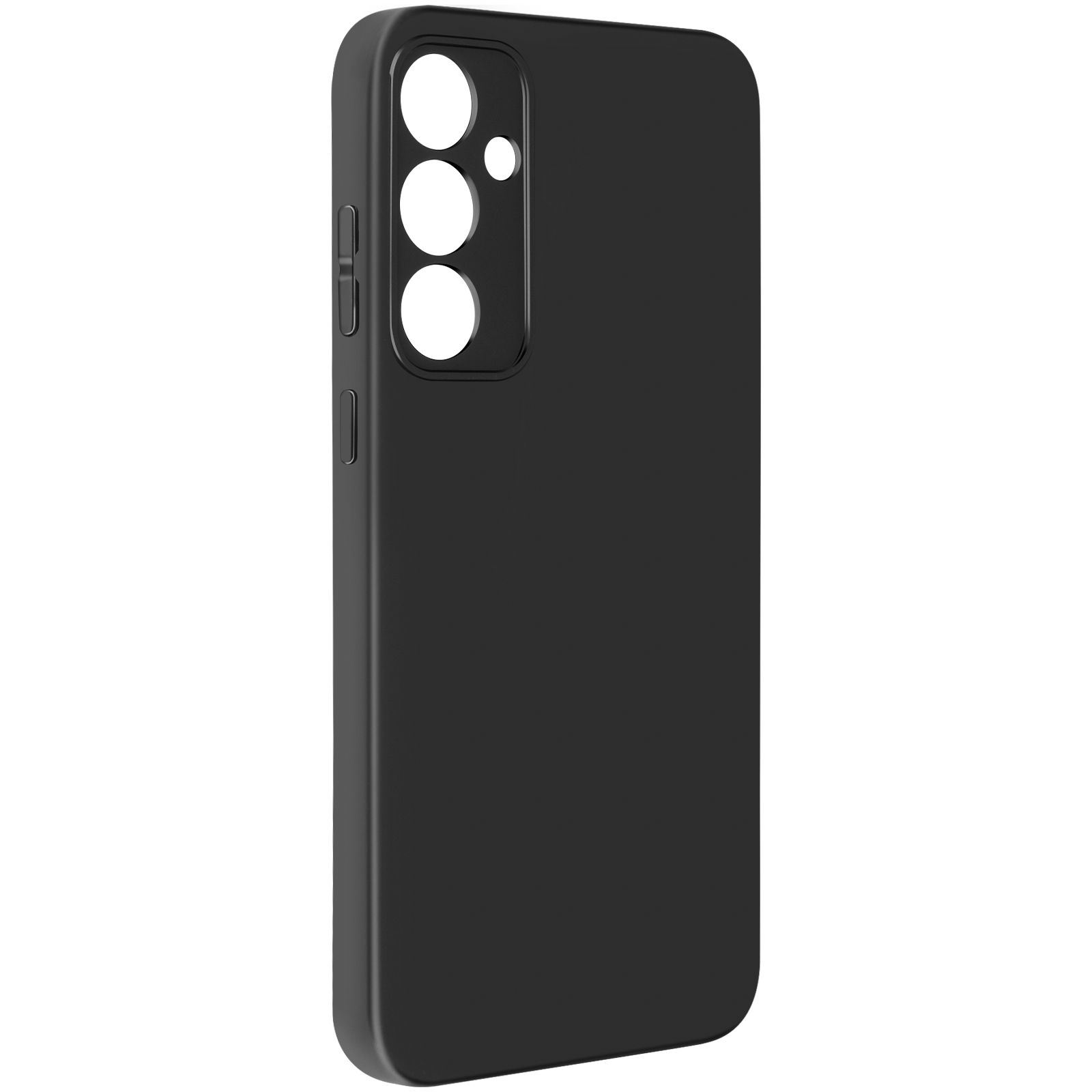 Custodia per telefono nera con tre ritagli per fotocamera e pulsanti laterali.