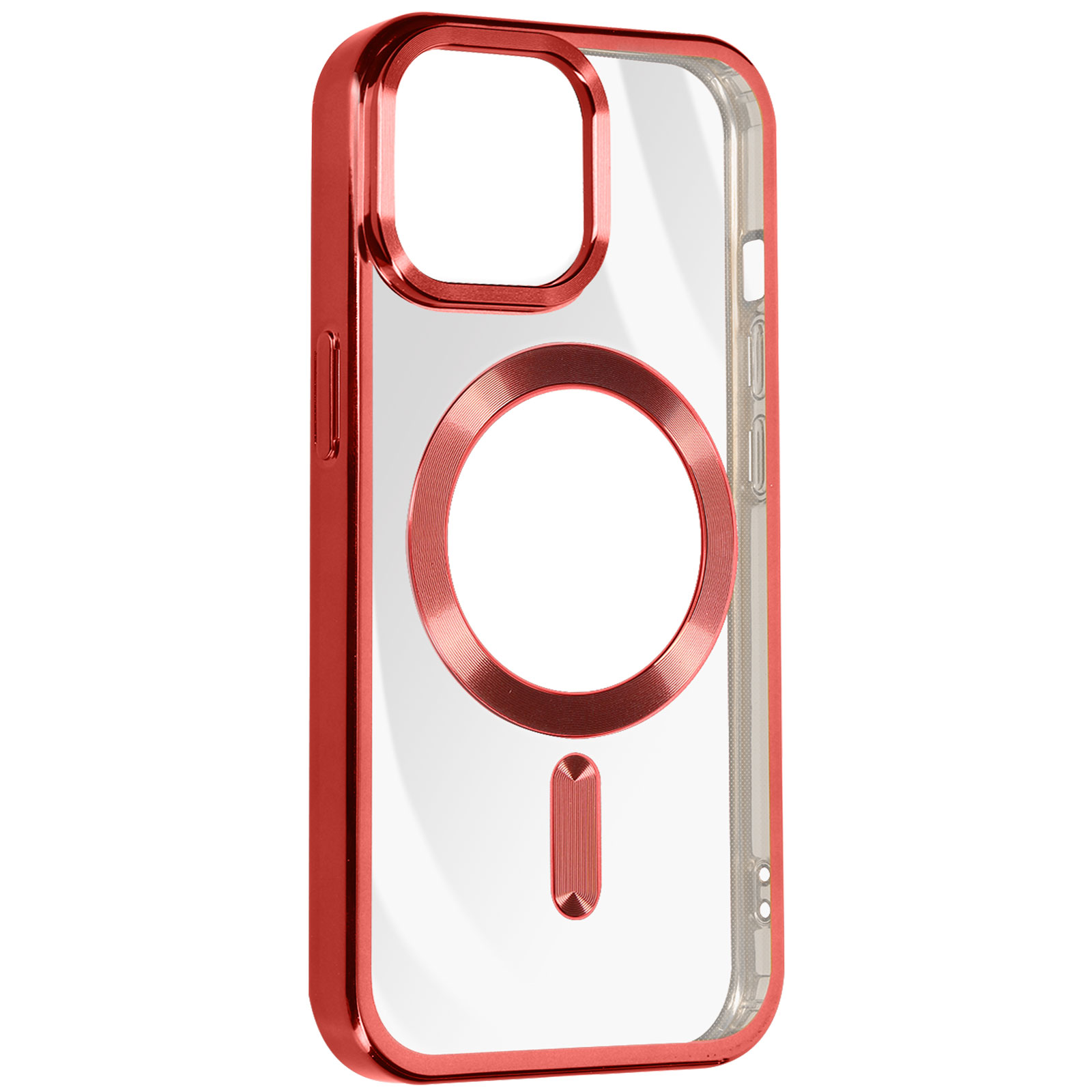Custodia rossa per telefono con retro trasparente. Include un anello rosso per la fotocamera e MagSafe.