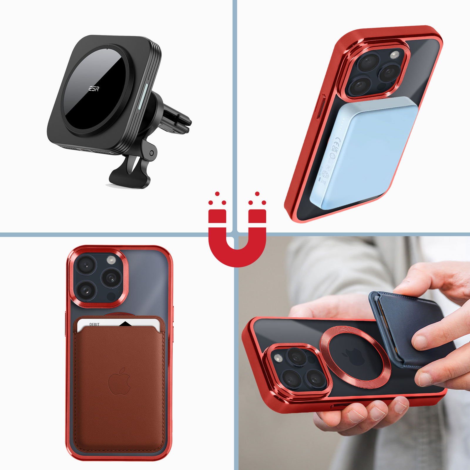 Quattro accessori per telefono. Supporto auto, custodia rossa e portafoglio magnetico.
