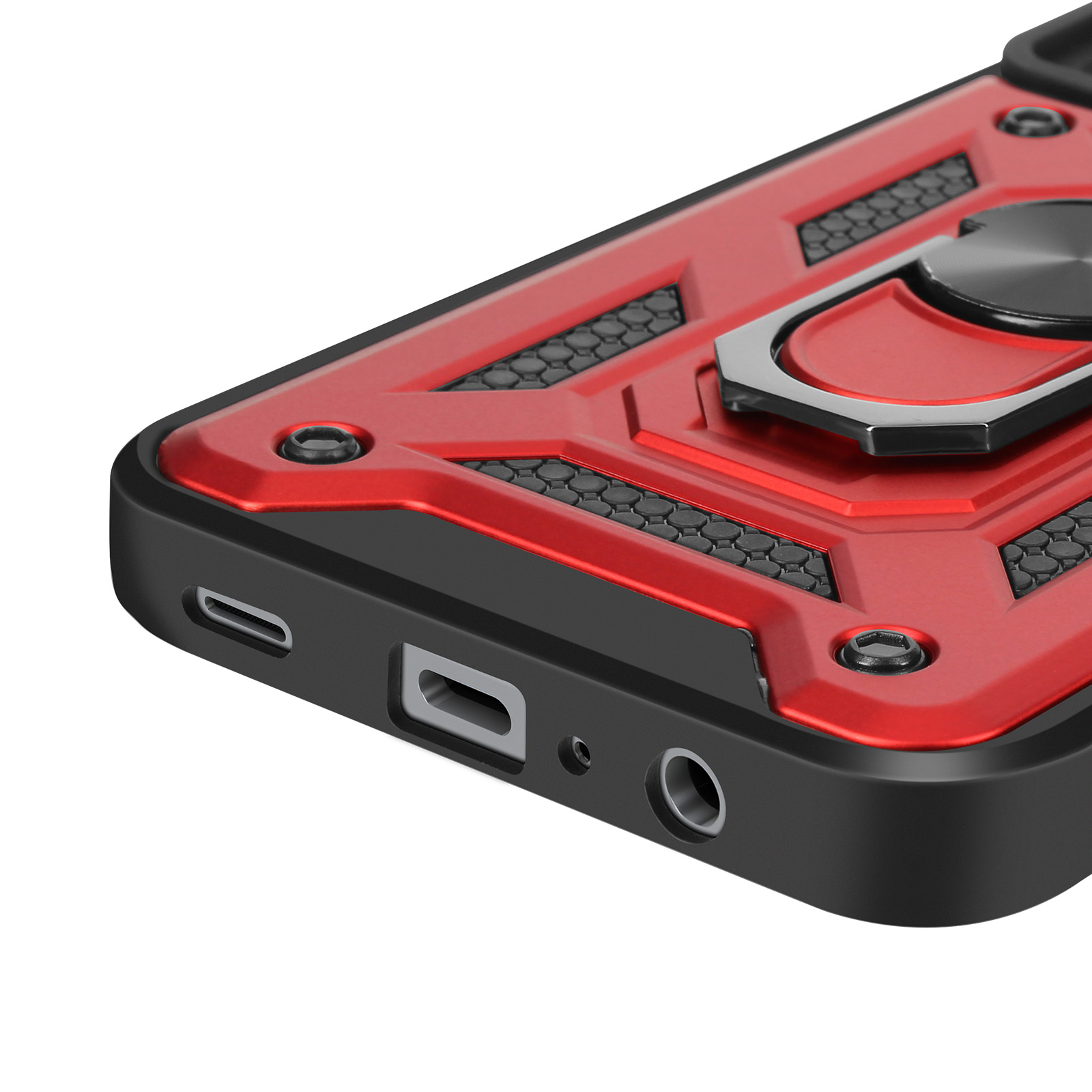 Primer plano de una funda roja y negra para teléfono con soporte de anillo y puertos.
