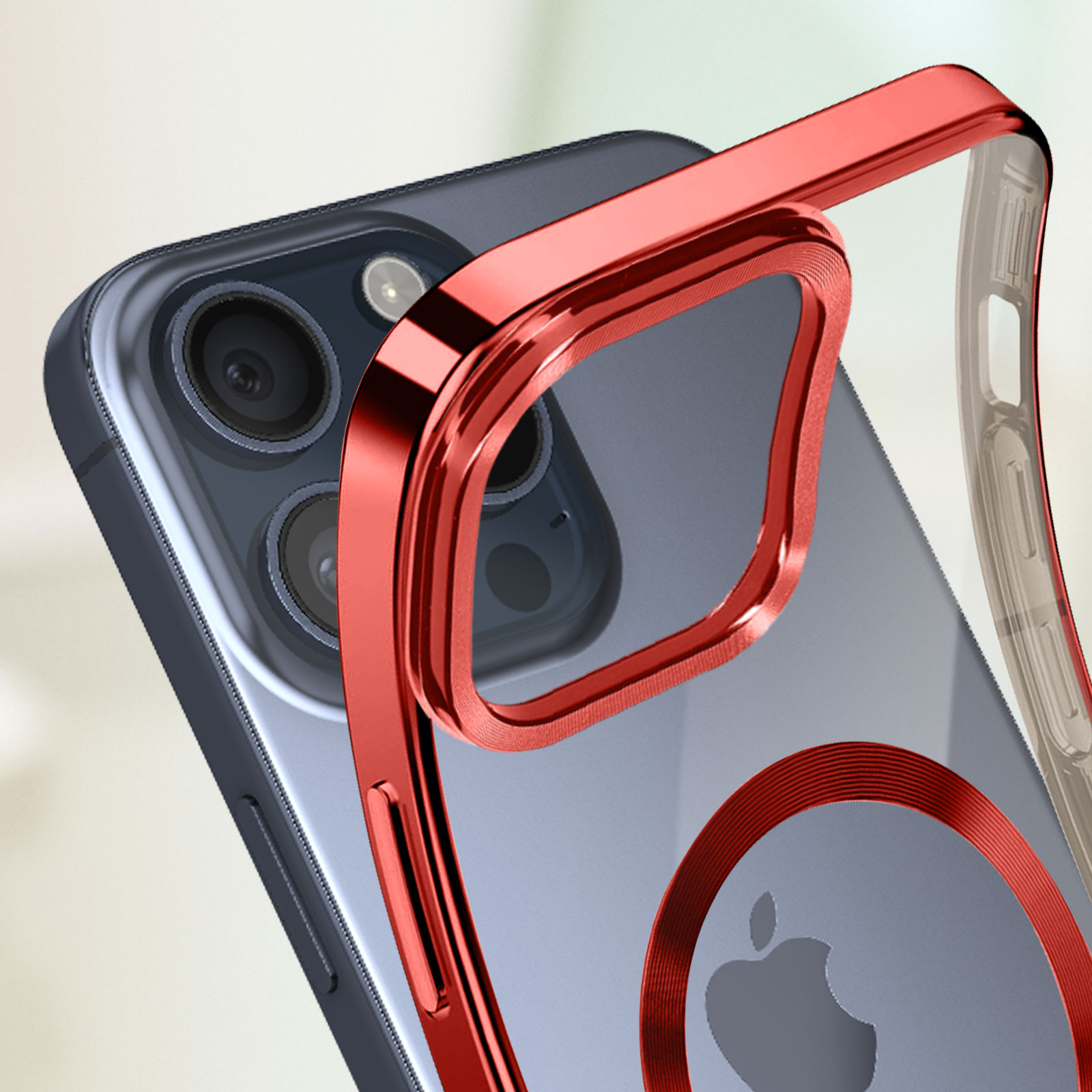 Custodia per telefono con cornice rossa e anello fotocamera. Retro trasparente. Logo Apple visibile.