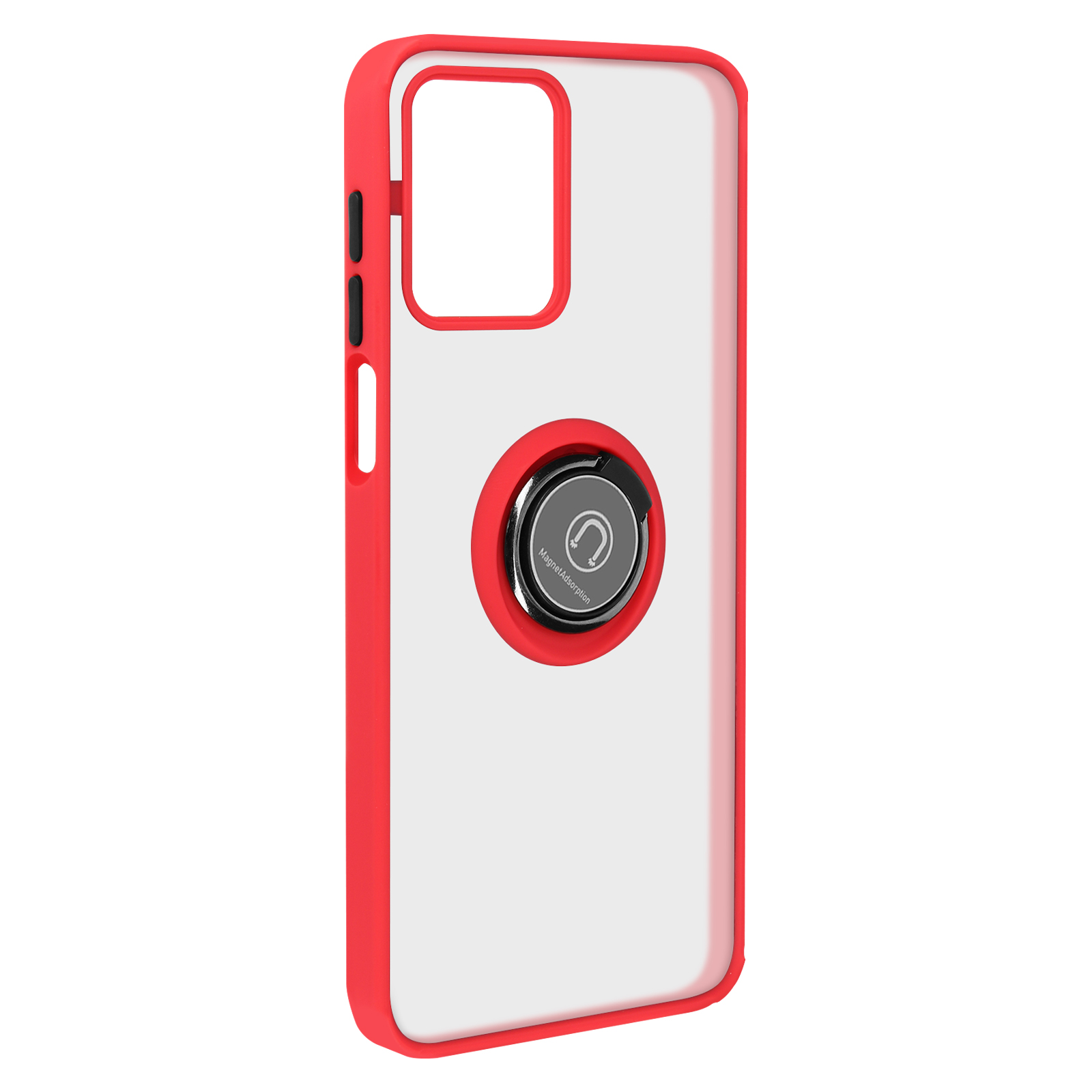 Custodia rossa per telefono con retro trasparente e anello. Centro argentato.