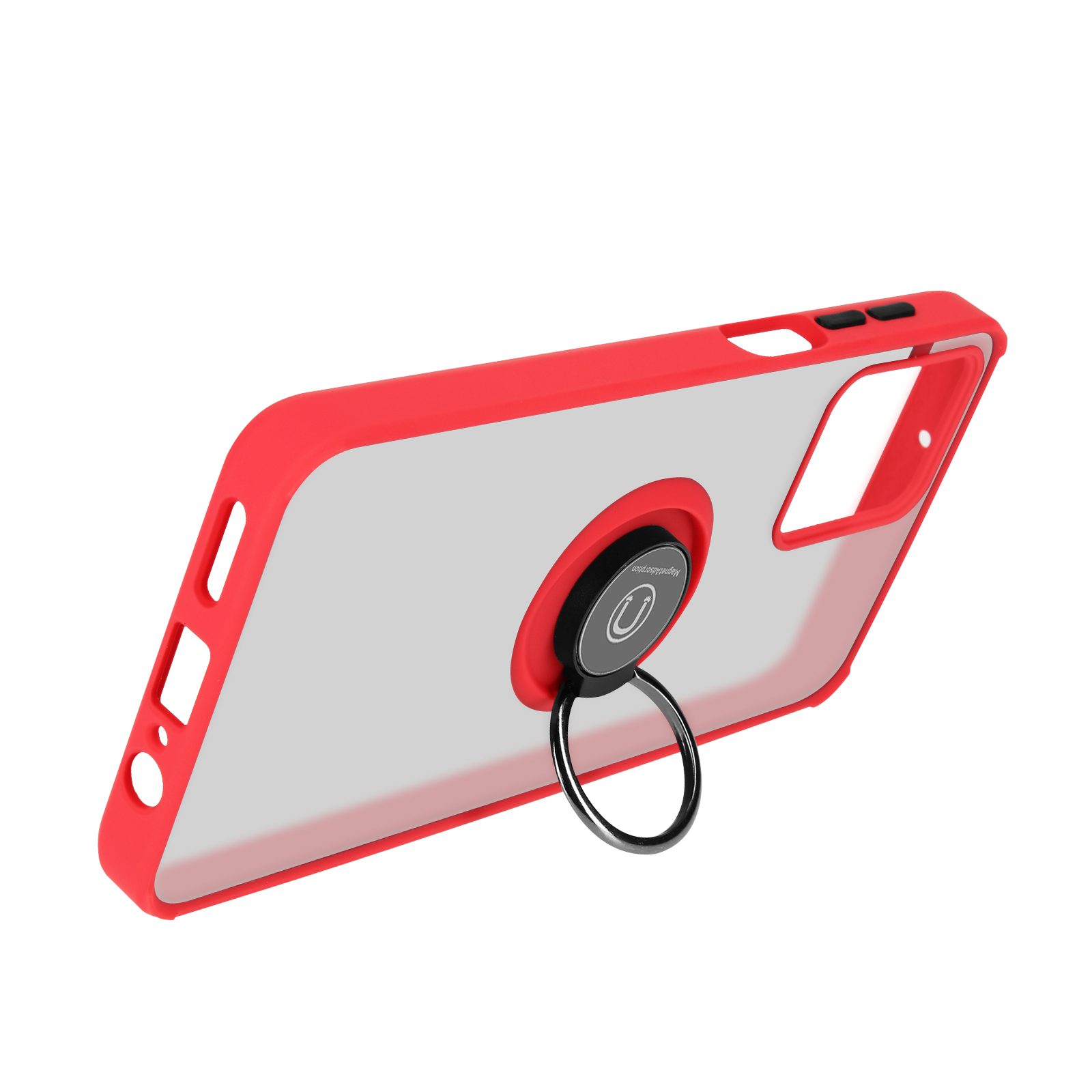 Custodia rossa con anello. La custodia è rossa con retro bianco. Supporto ad anello nero.