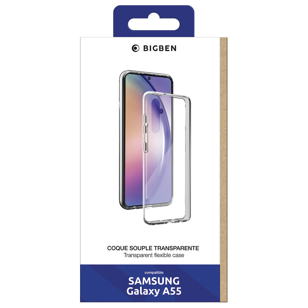 Scatola trasparente per custodia con telefono, logo Bigben.