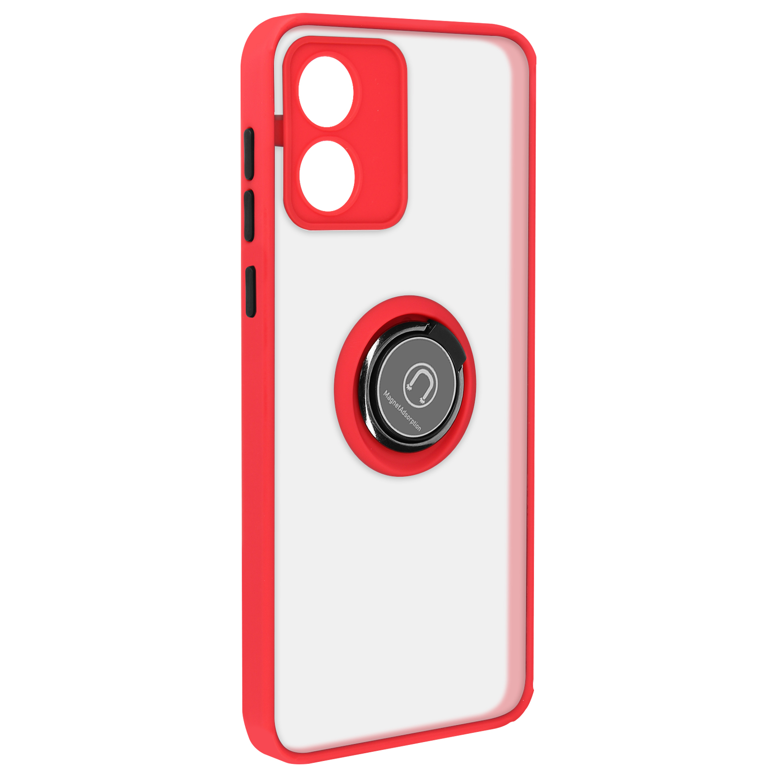 Una custodia per telefono con cornice rossa e supporto ad anello argentato. La custodia è trasparente al centro.