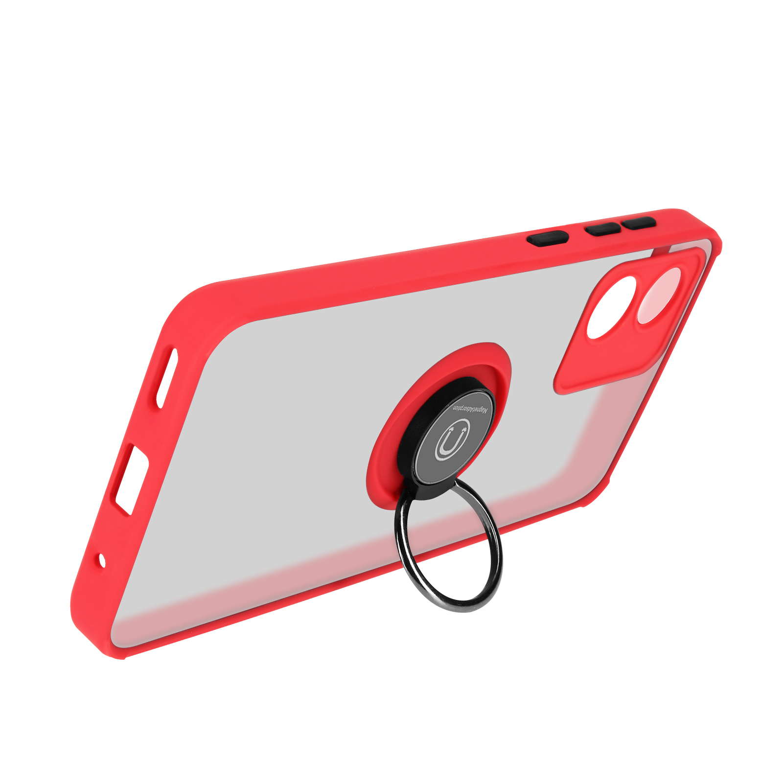 Custodia per telefono rossa con anello di supporto attaccato, retro trasparente. Sfondo bianco.