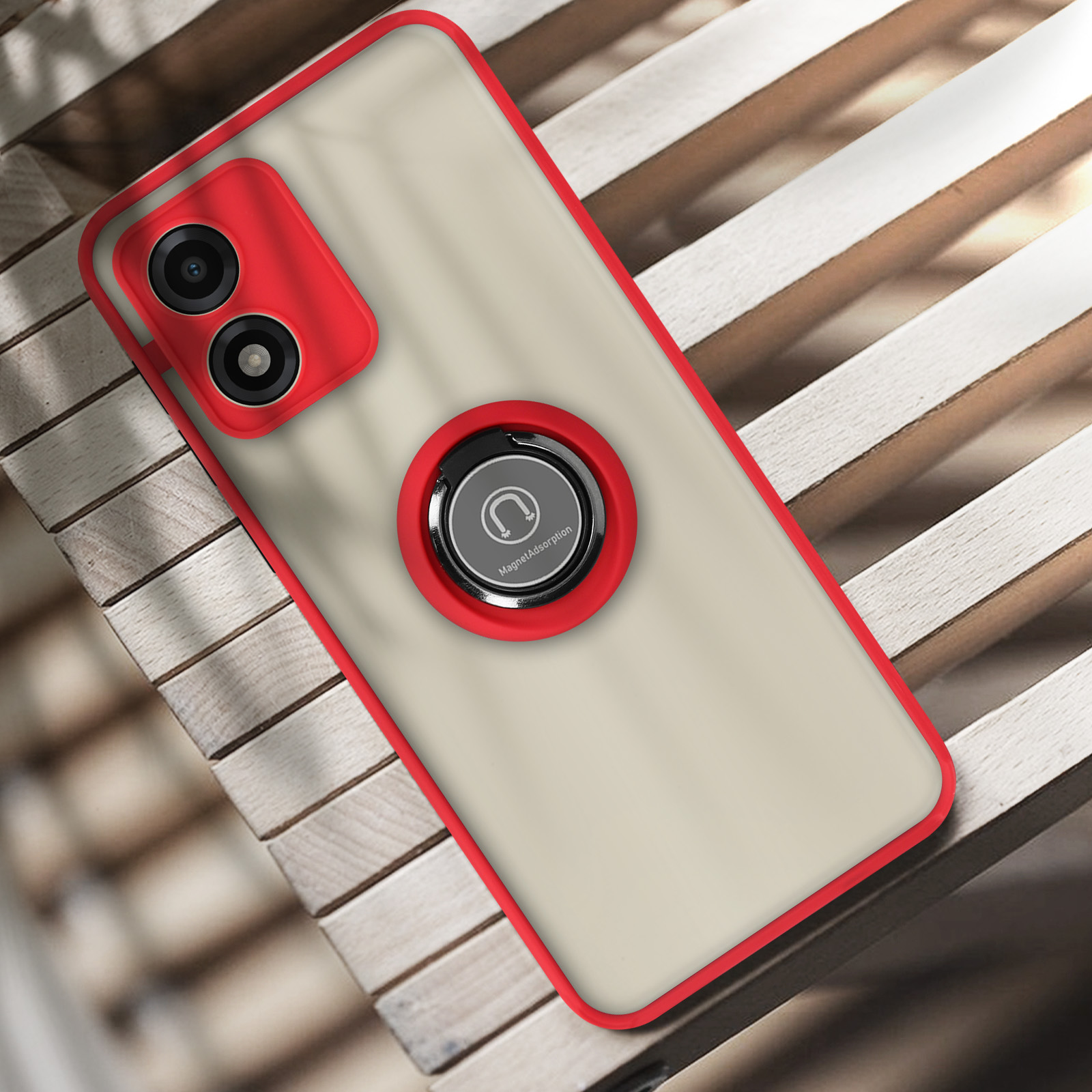 Custodia per telefono con cornice rossa, bordo fotocamera rosso e anello.