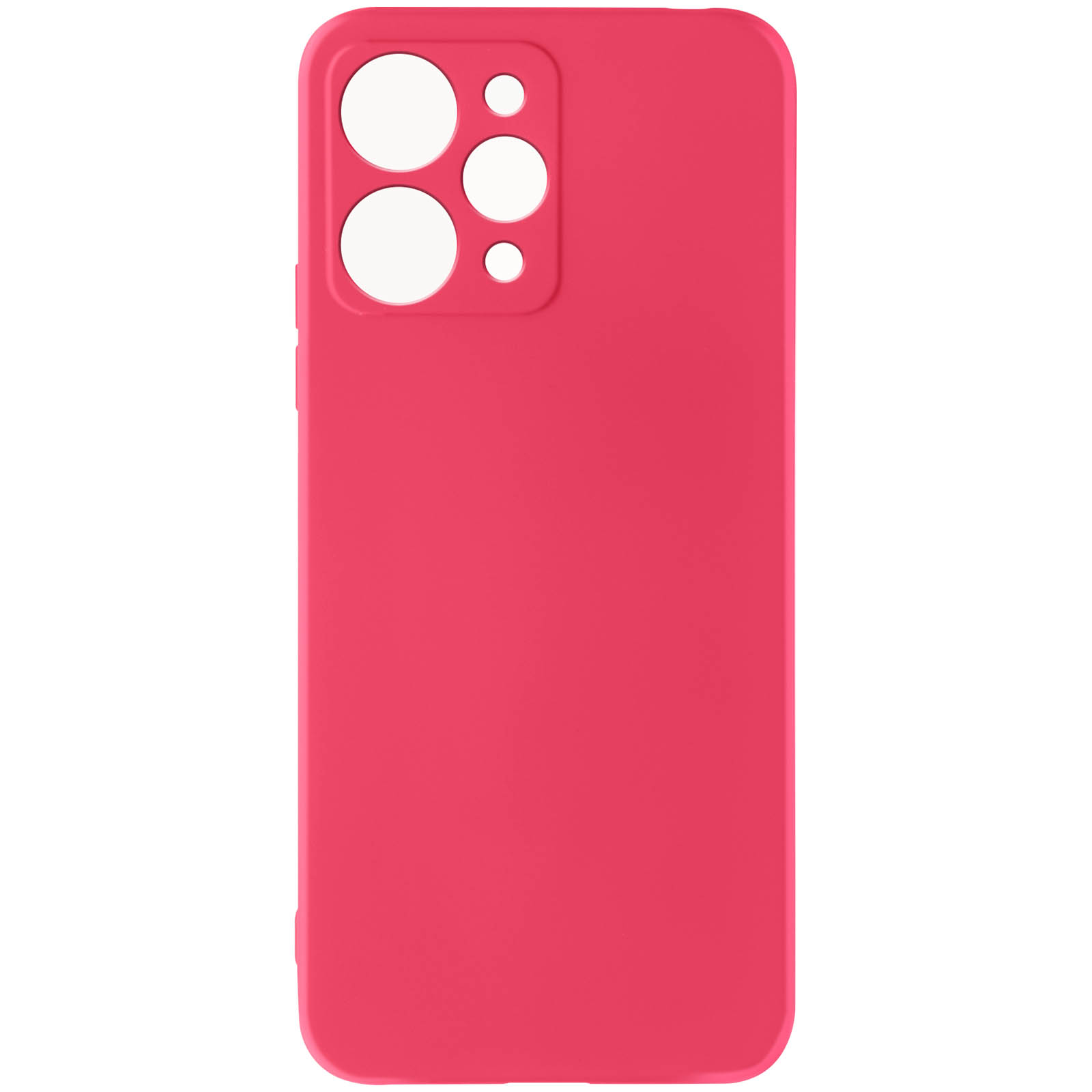 Custodia per telefono rosa. Ha un ritaglio rettangolare per la fotocamera e tre ritagli circolari.