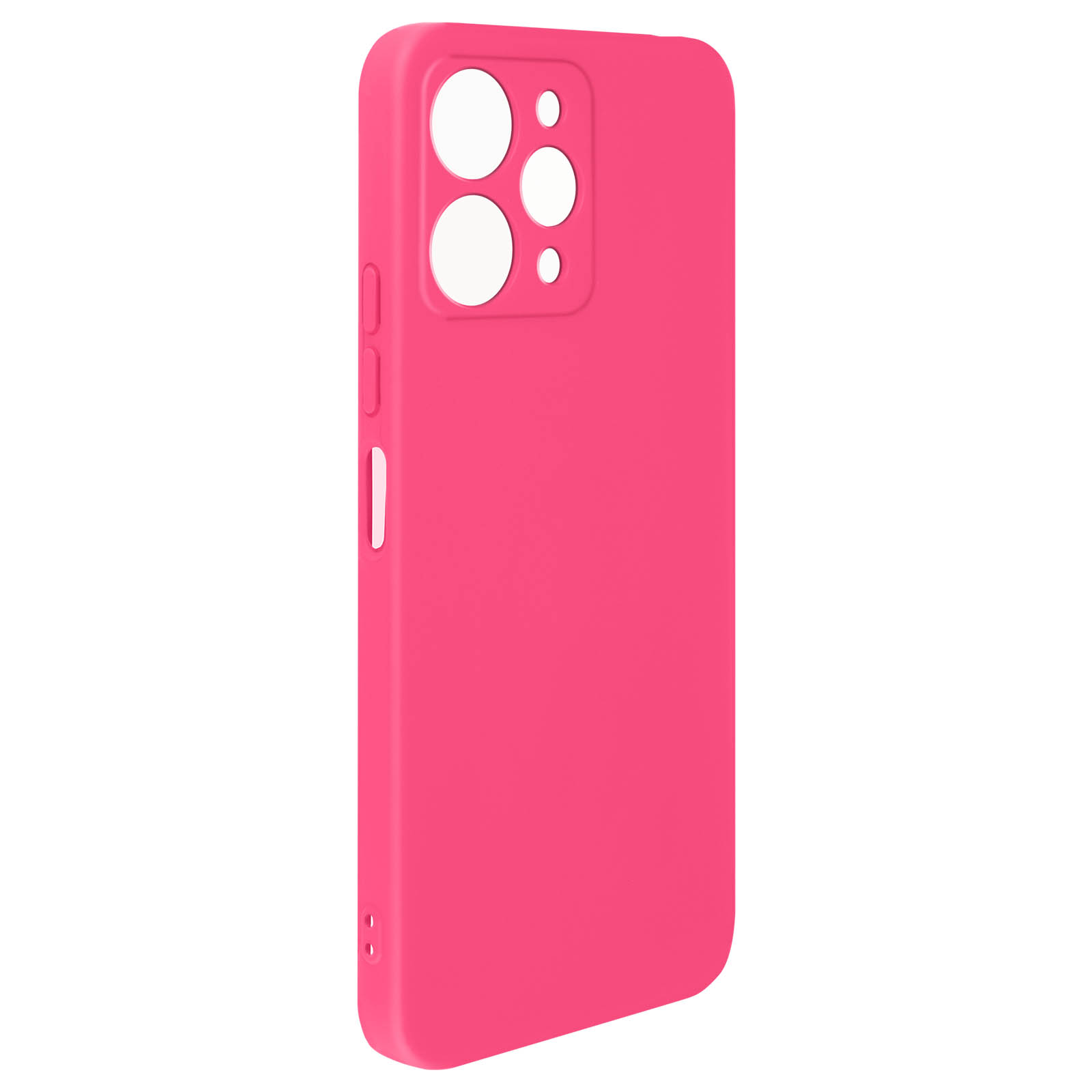 Una custodia per telefono rosa acceso, che mostra il retro e i lati, su sfondo bianco.