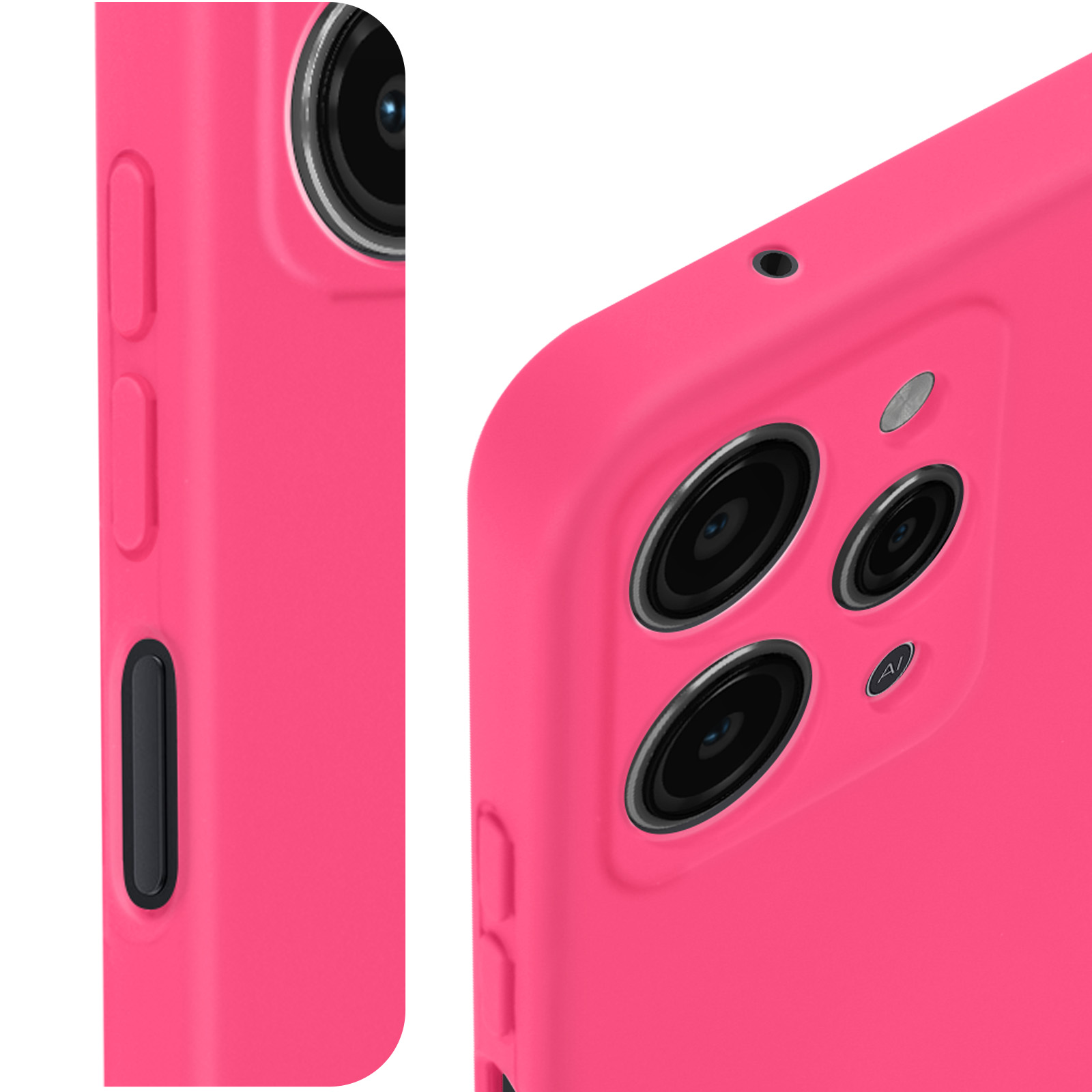 Una custodia per telefono rosa acceso con lenti della fotocamera e pulsanti, primo piano.