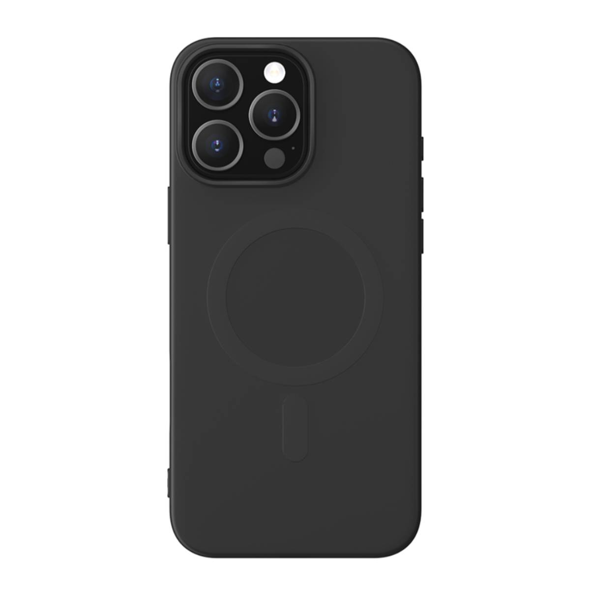 Una custodia per telefono nera con tre obiettivi. Il retro ha un design circolare per la ricarica wireless.