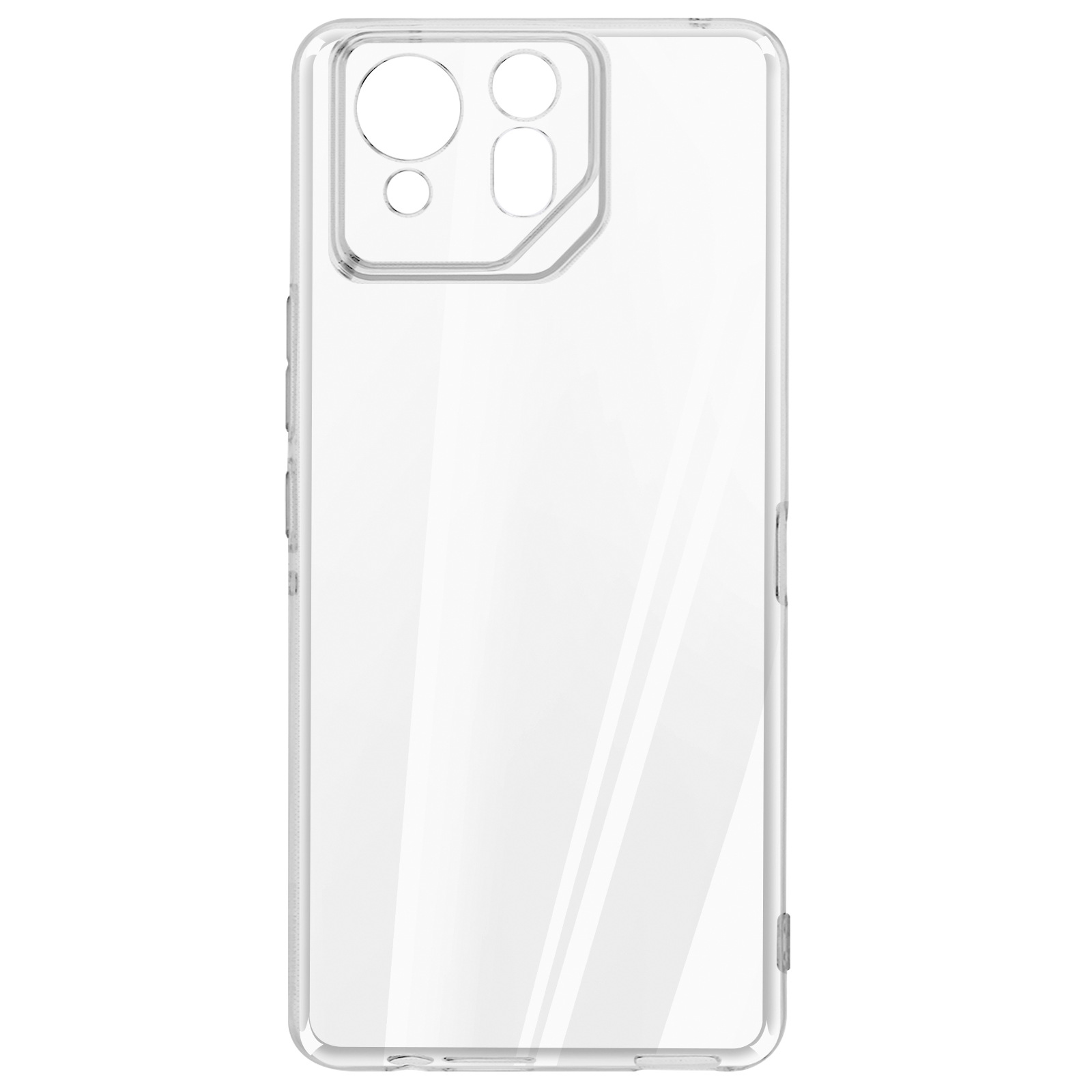 Custodia trasparente per telefono, vista posteriore. Sono visibili i contorni di un array di fotocamere.