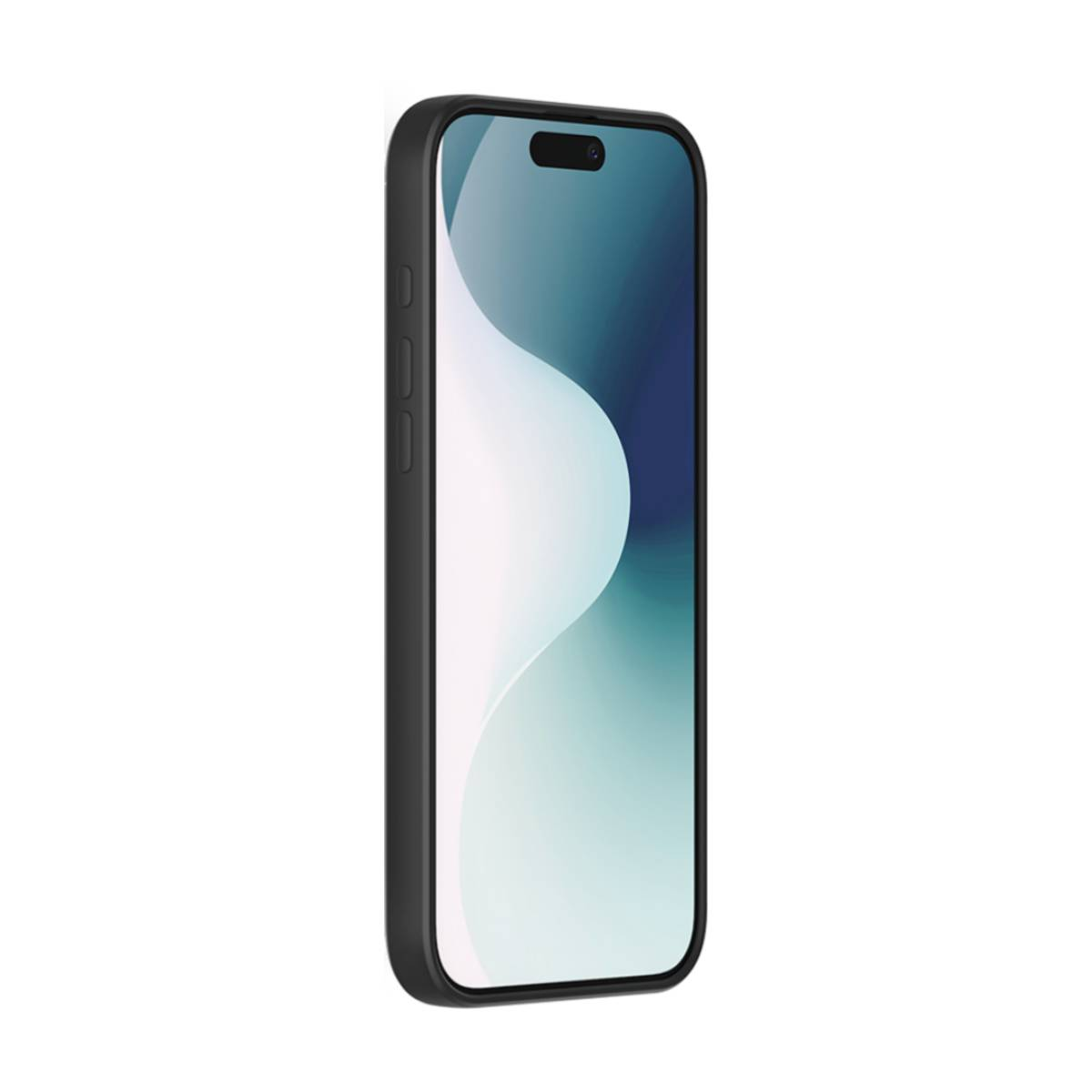 Telefono nero con schermo che mostra un design bianco e blu.