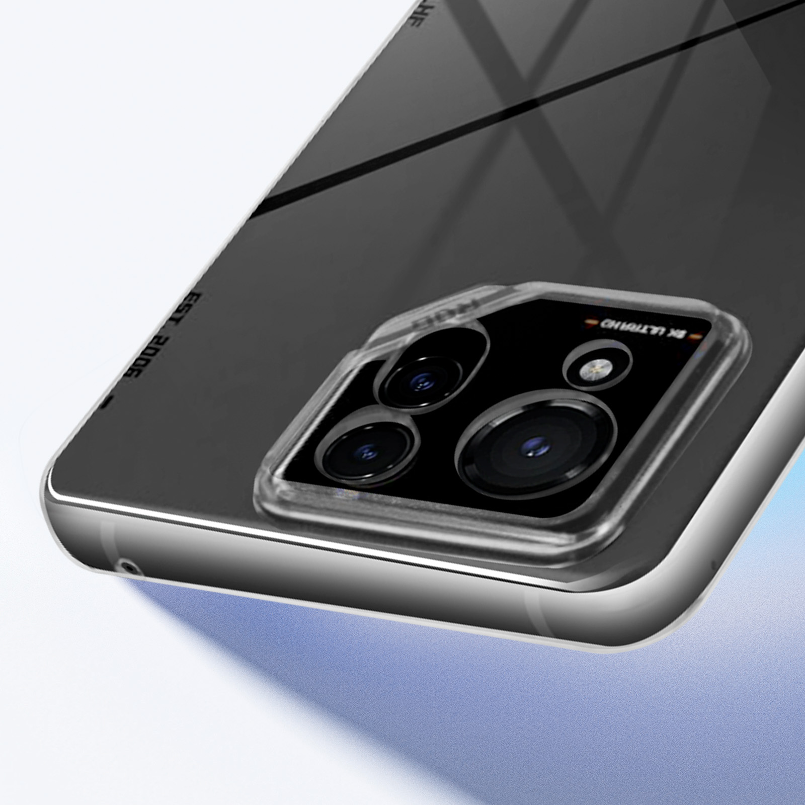 Custodia per telefono con fotocamere, retro in vetro e superficie riflettente.