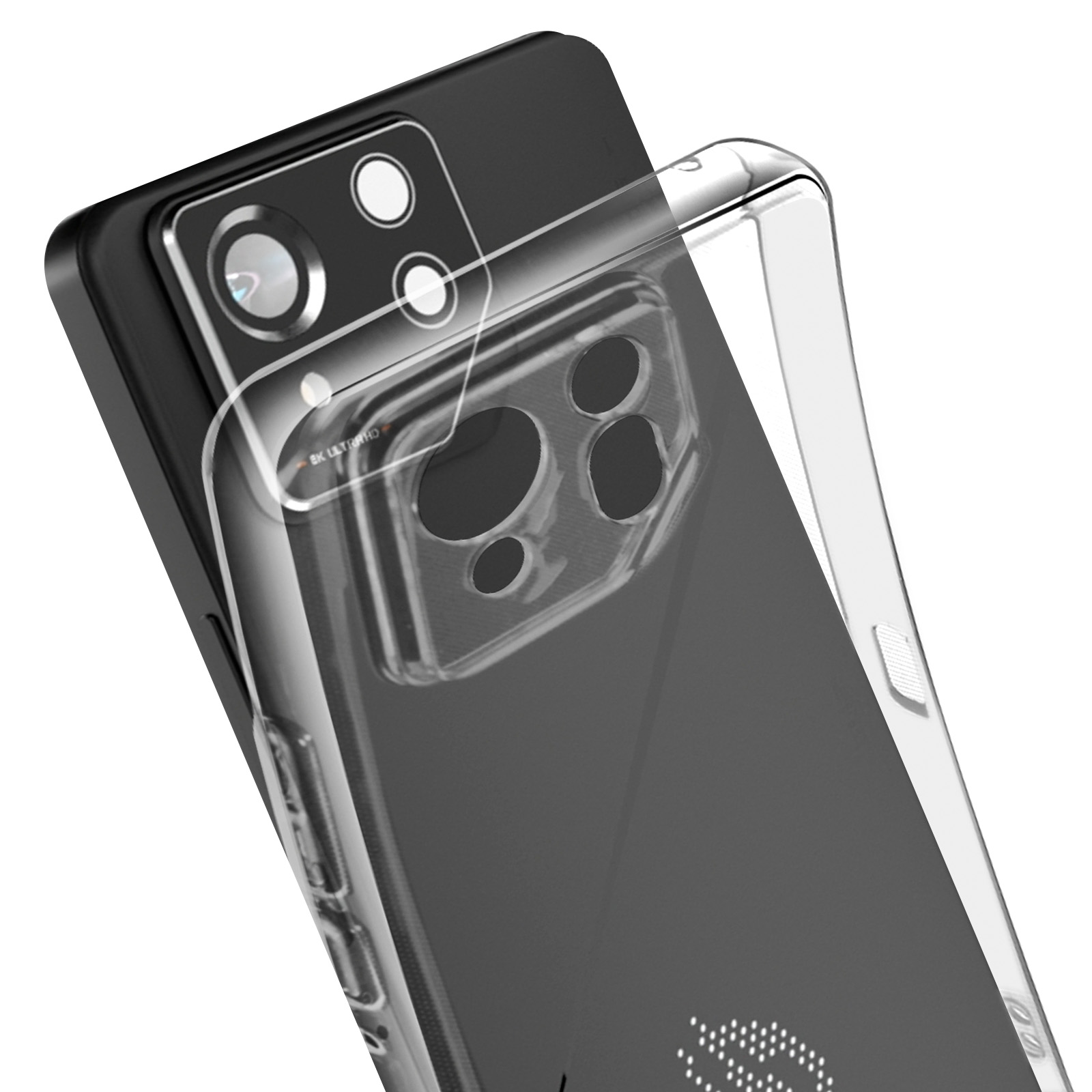 Telefono nero con custodia trasparente. Il telefono ha una fotocamera e una custodia trasparente attaccata.