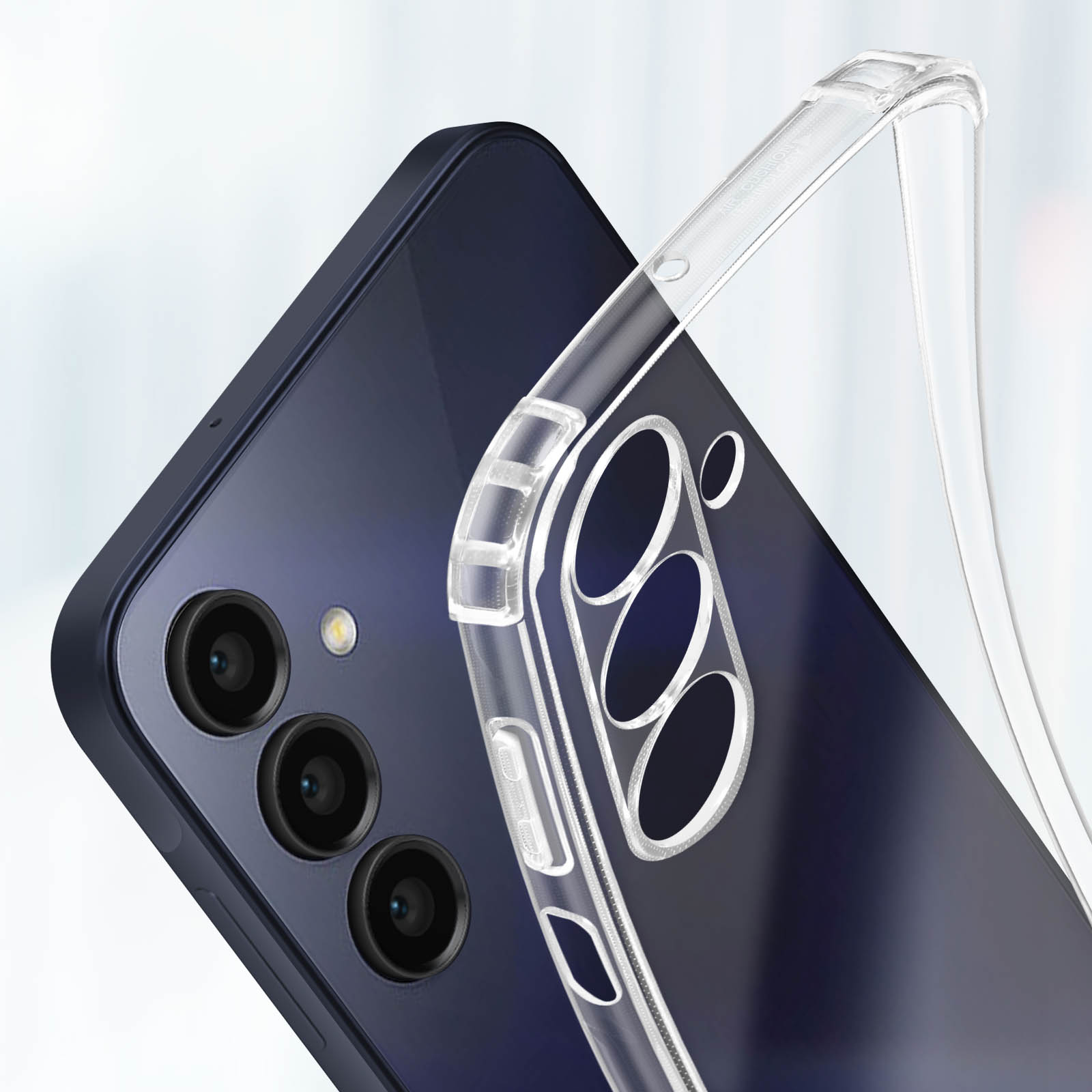 Custodia trasparente su telefono blu, mostra lenti della fotocamera.