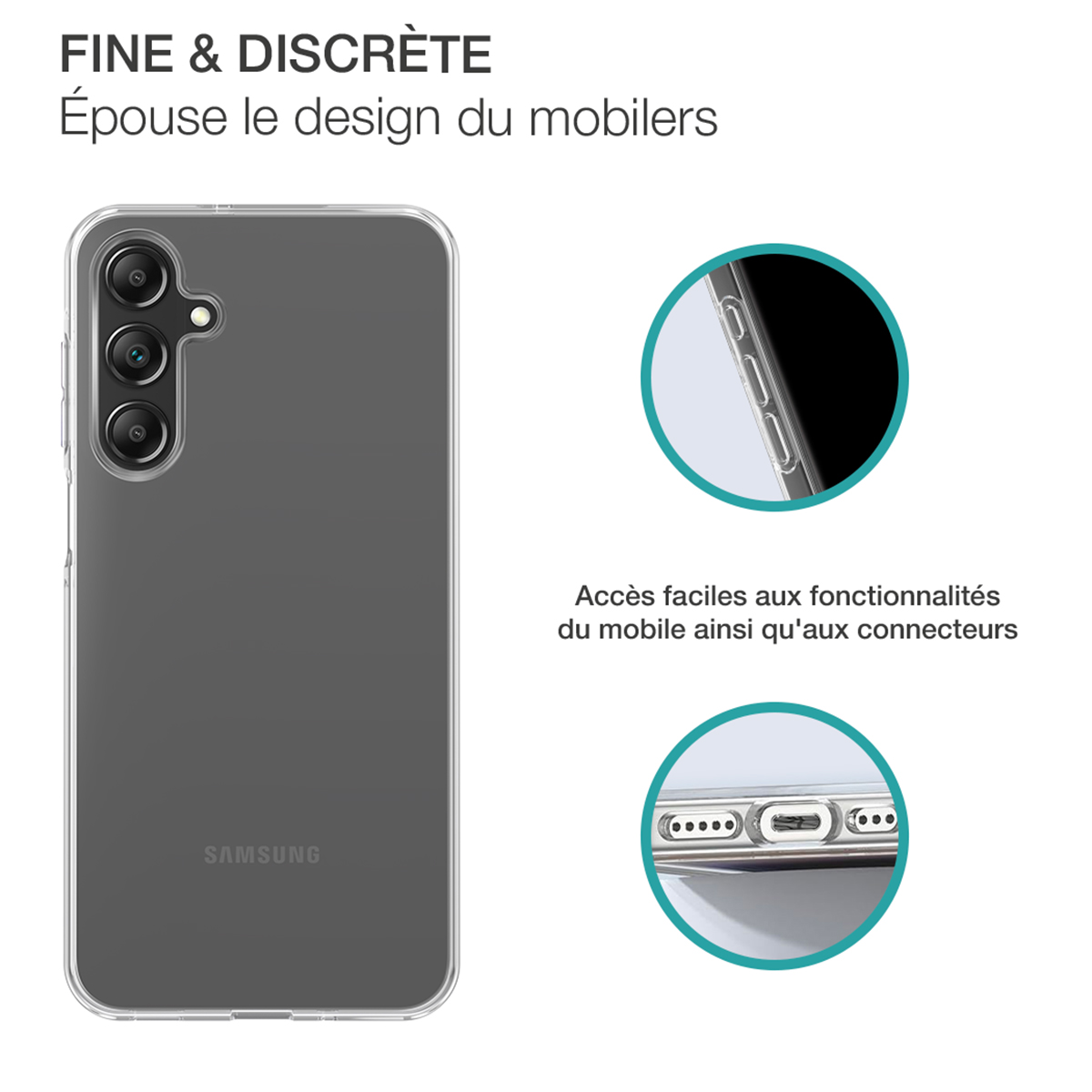Una custodia trasparente per telefono con un telefono all'interno. Il testo dice "FINE & DISCRETE". Primo piano dei connettori.