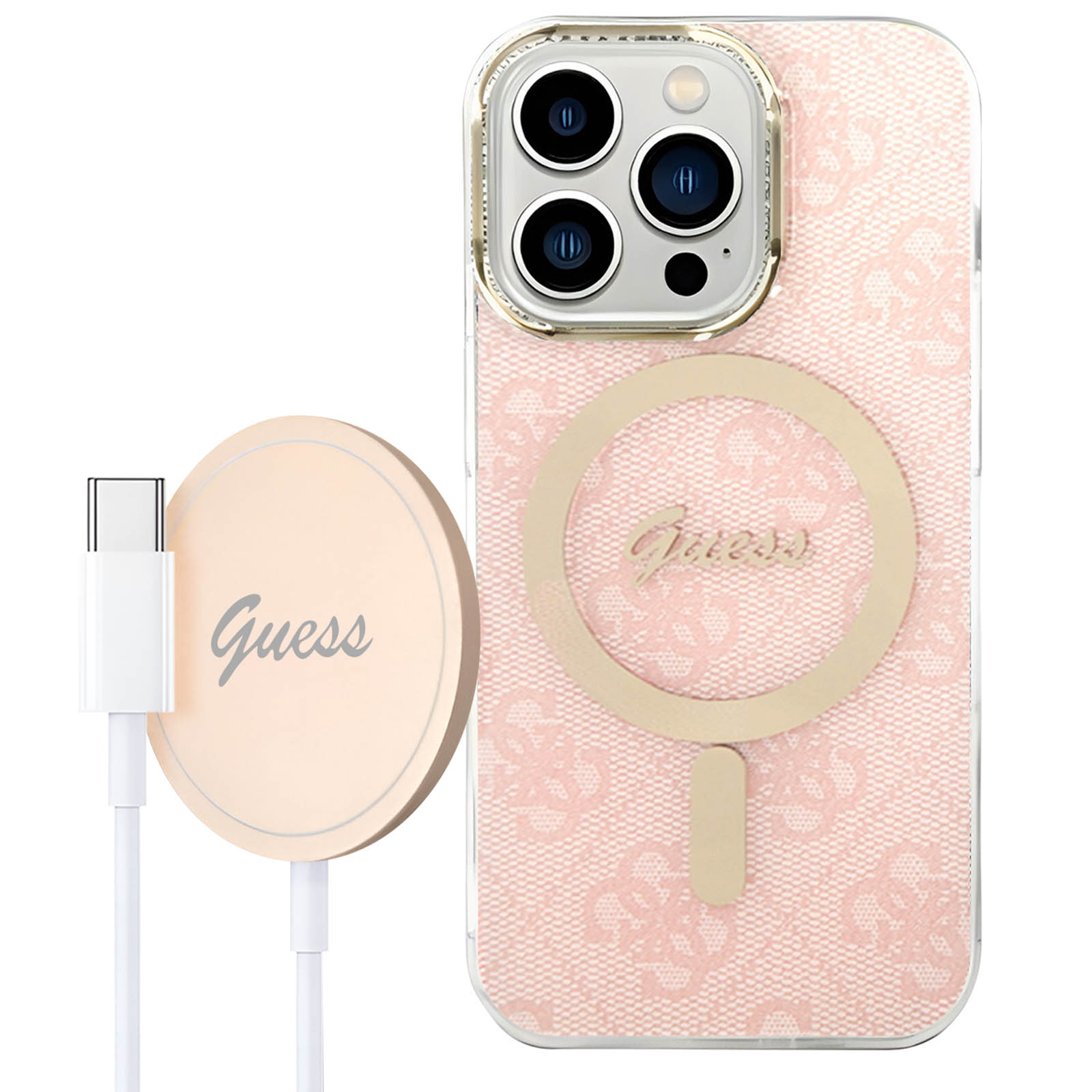 Custodia per telefono con design in pizzo rosa chiaro, cerchio Guess e base di ricarica con cavo USB-C.