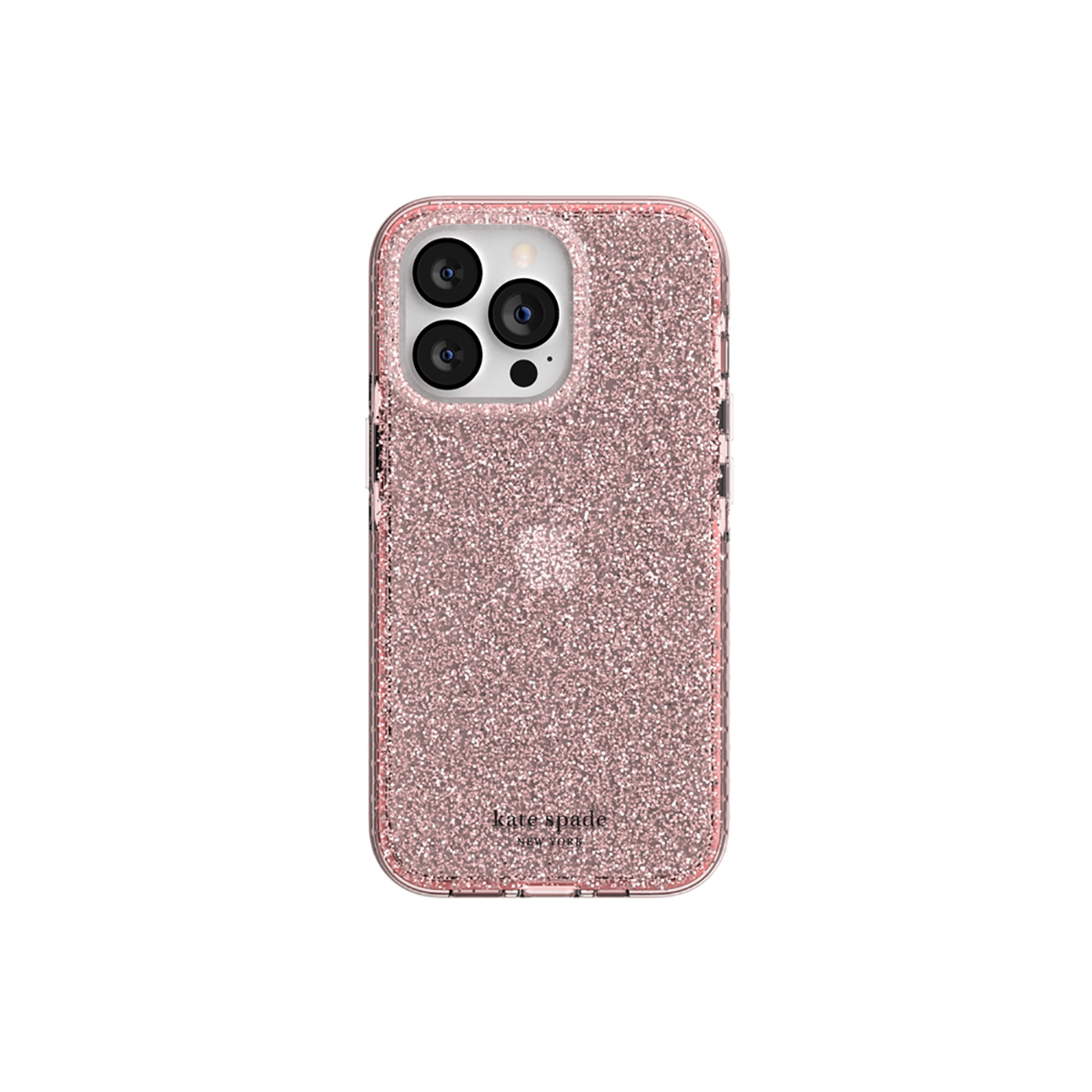Custodia rosa glitterata con foro fotocamera e cornice rosa. Lo sfondo è bianco.