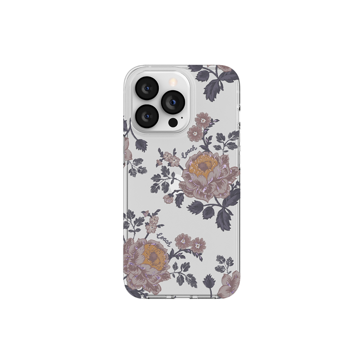 Una custodia per telefono con un design floreale. La custodia è trasparente con un motivo di fiori e foglie.