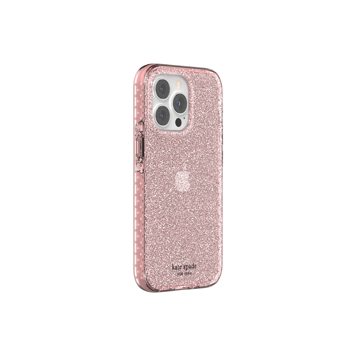 Custodia rosa glitterata con fori fotocamera, logo in basso.