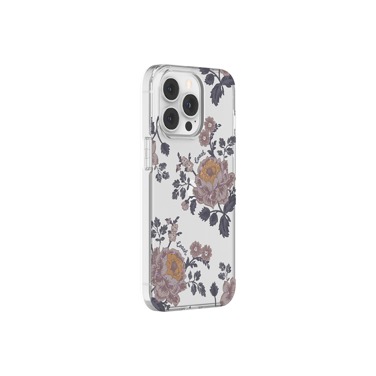 Custodia trasparente per telefono con motivo floreale; fiori rosa e gialli, su sfondo bianco.