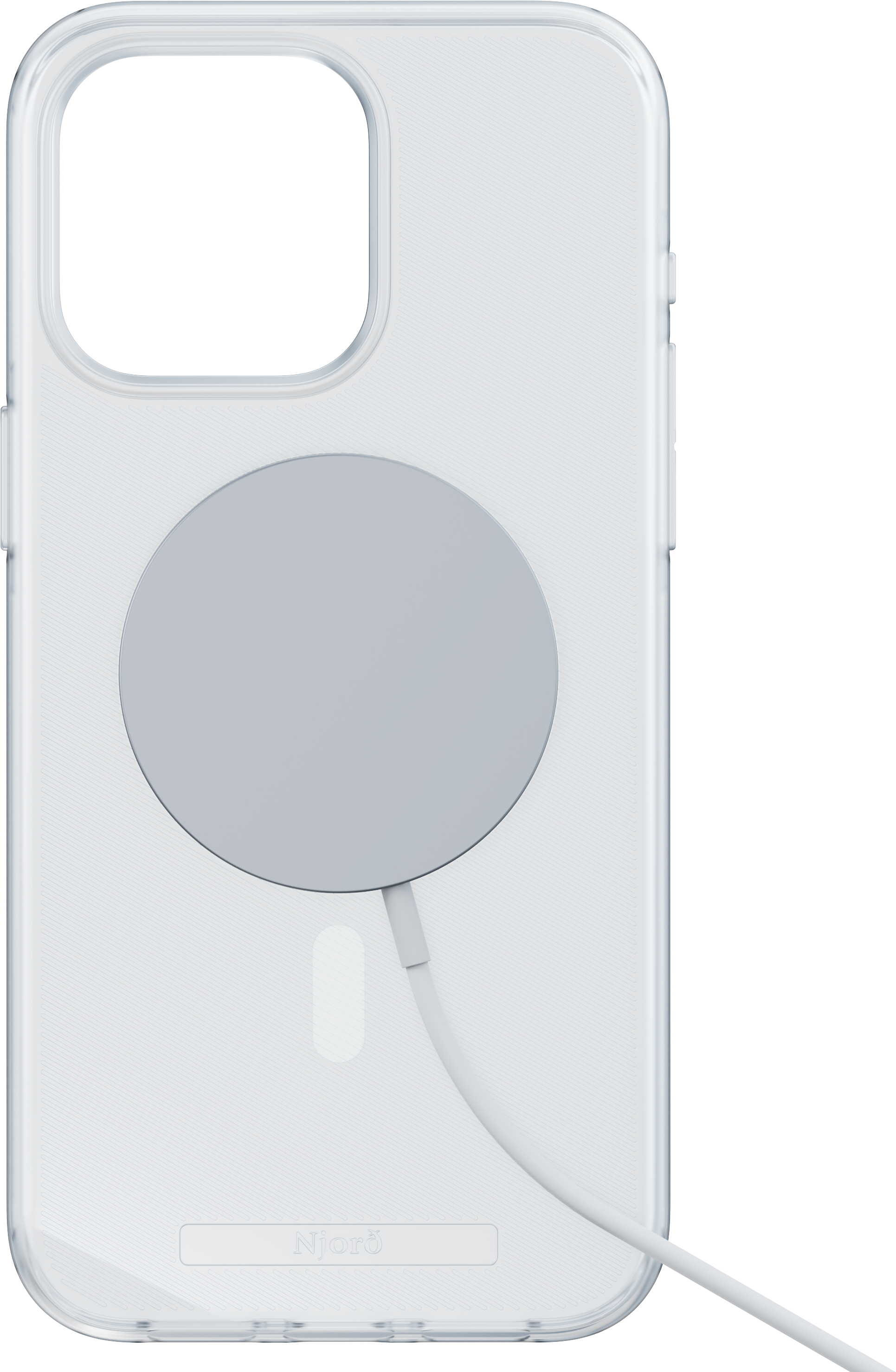 Una custodia trasparente per telefono con un design MagSafe. Un cavo bianco è collegato.