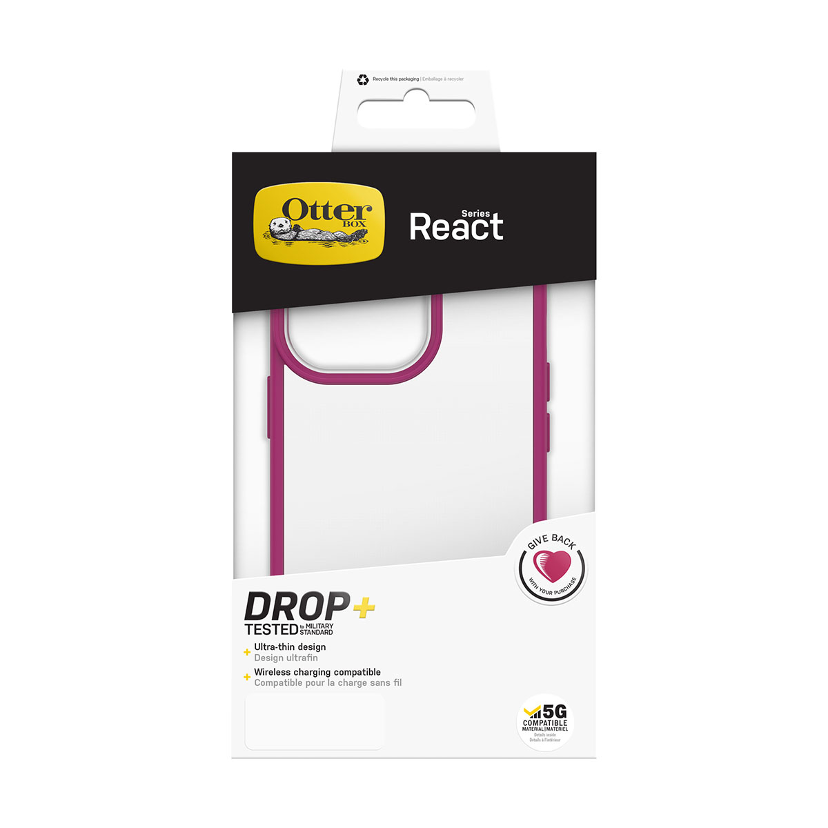 Una scatola di custodia Otterbox React bianca e magenta.