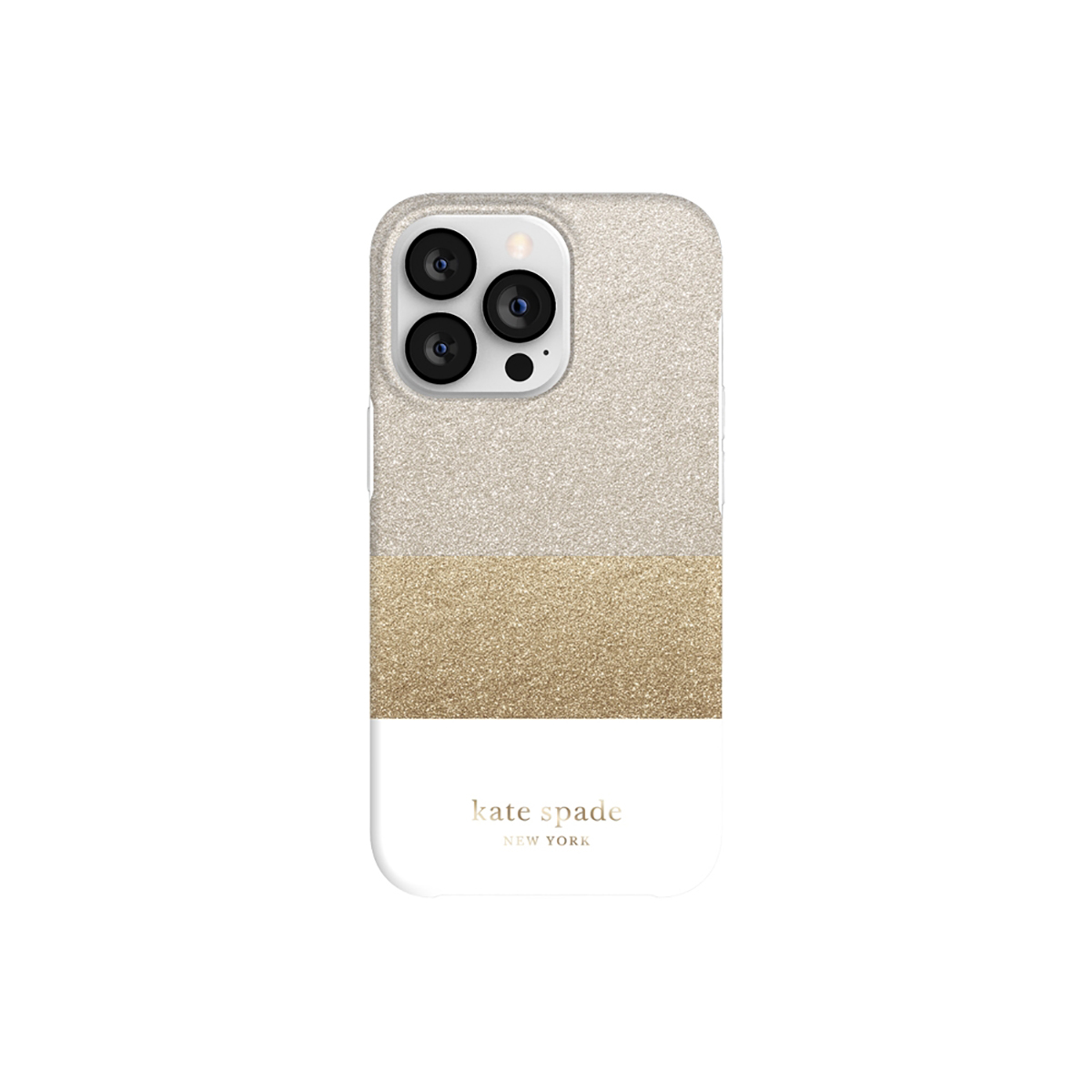 Custodia glitterata con tre strisce orizzontali: argento, oro e bianco.