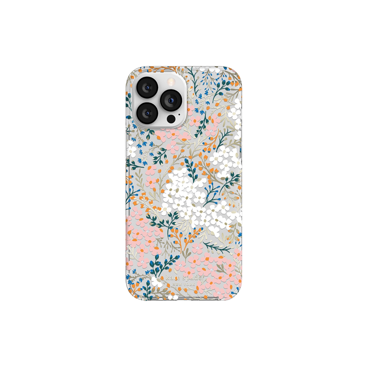 Una custodia per telefono con un design floreale. Ha uno sfondo trasparente e un davanti a fantasia.
