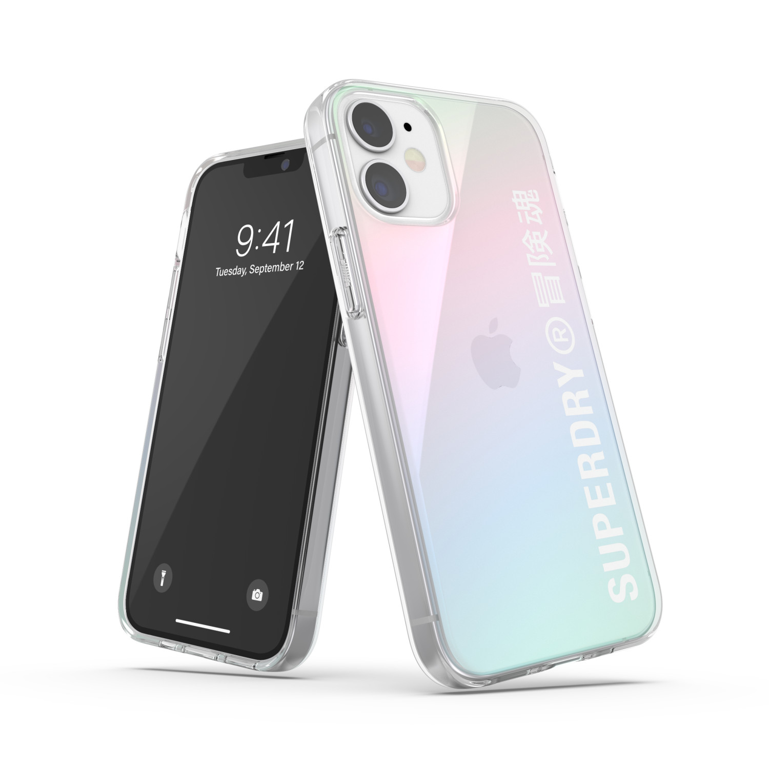 Un telefono in una custodia trasparente con 'SUPERDRY' sul retro e un altro telefono accanto. Lo sfondo è bianco.