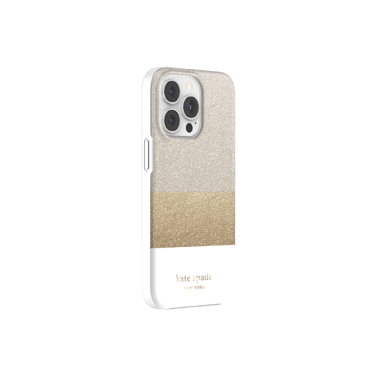 Custodia per telefono con glitter e blocchi di colore bianco, oro e beige.