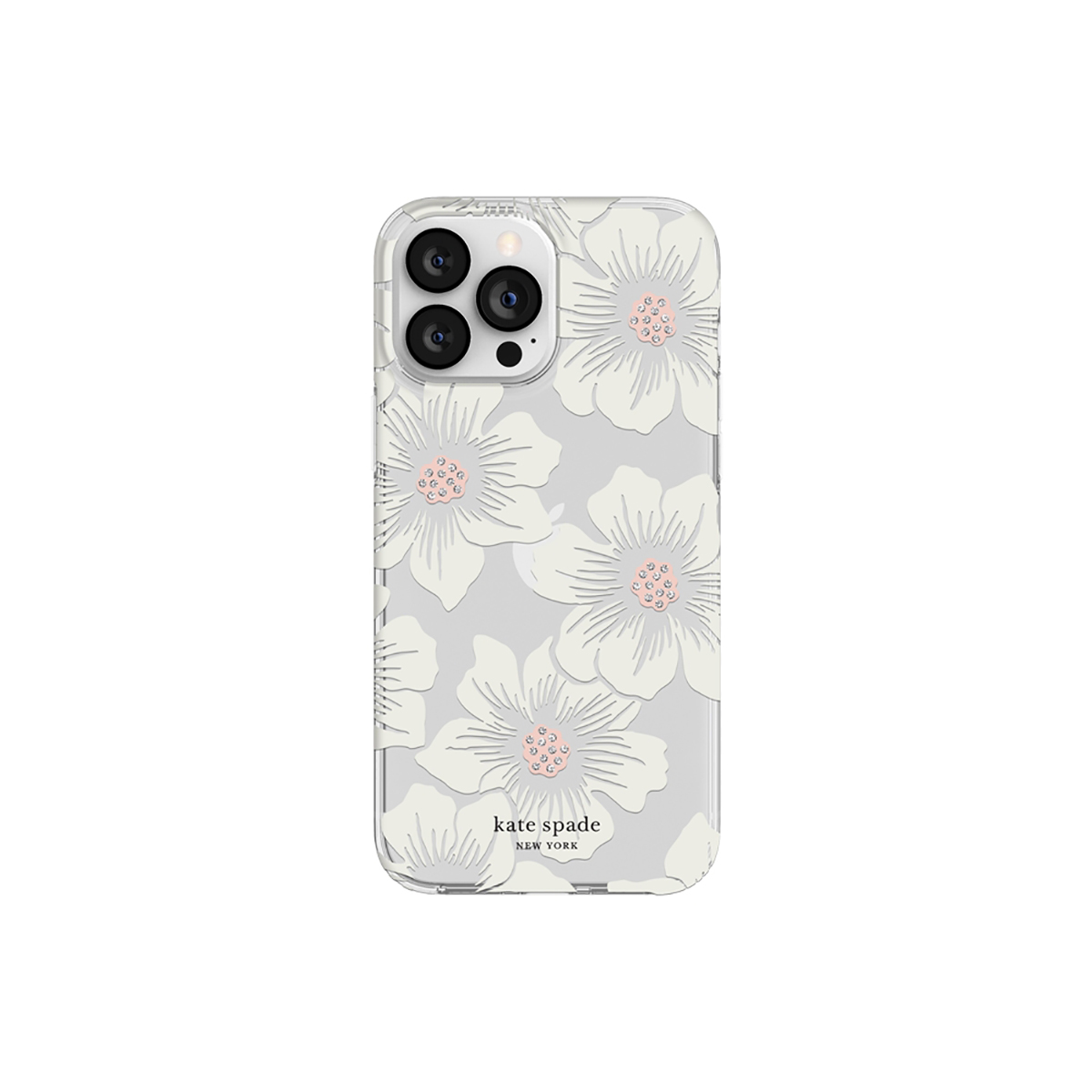 Custodia per telefono con motivo floreale bianco. Sfondo grigio chiaro, custodia trasparente.