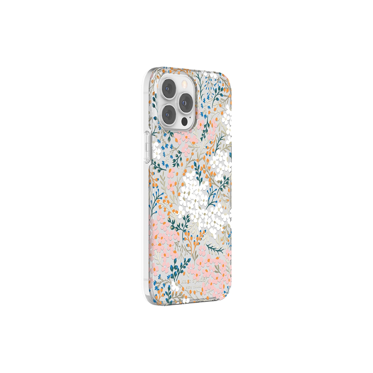Custodia per telefono con design floreale, fiori rosa e bianchi. Custodia trasparente con fori per la fotocamera.